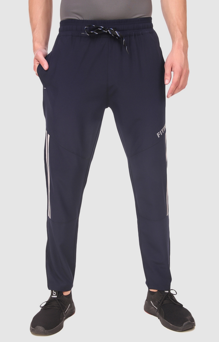 Fitinc NS Lycra Double Stripe Navy Blue Track Pant with Zipper Pockets