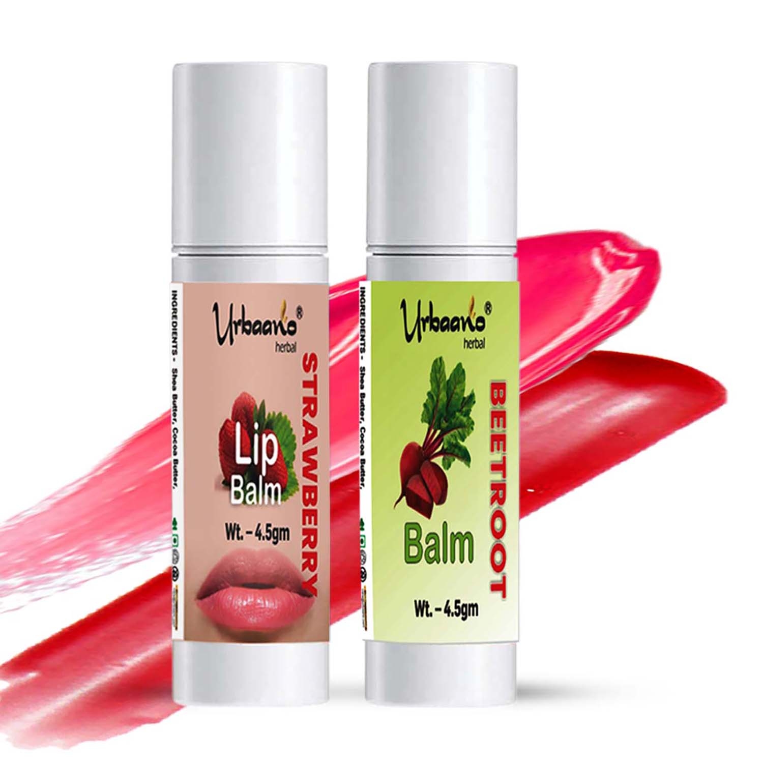 Urbaano Herbal Strawberry & Beetroot Tint Color Lip Balm Combo, ECOCERT Squalane with Natural SPF, Ultra Moisturization–Women & Teens-4.5gm each