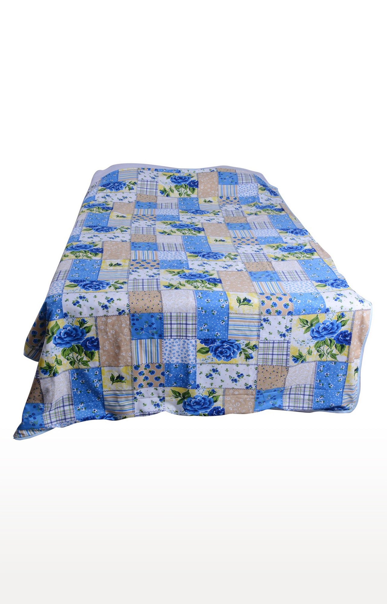 V Brown | Blue Checks & Flower Printed Cotton 3 Layer Single Bed Quilt Dohar