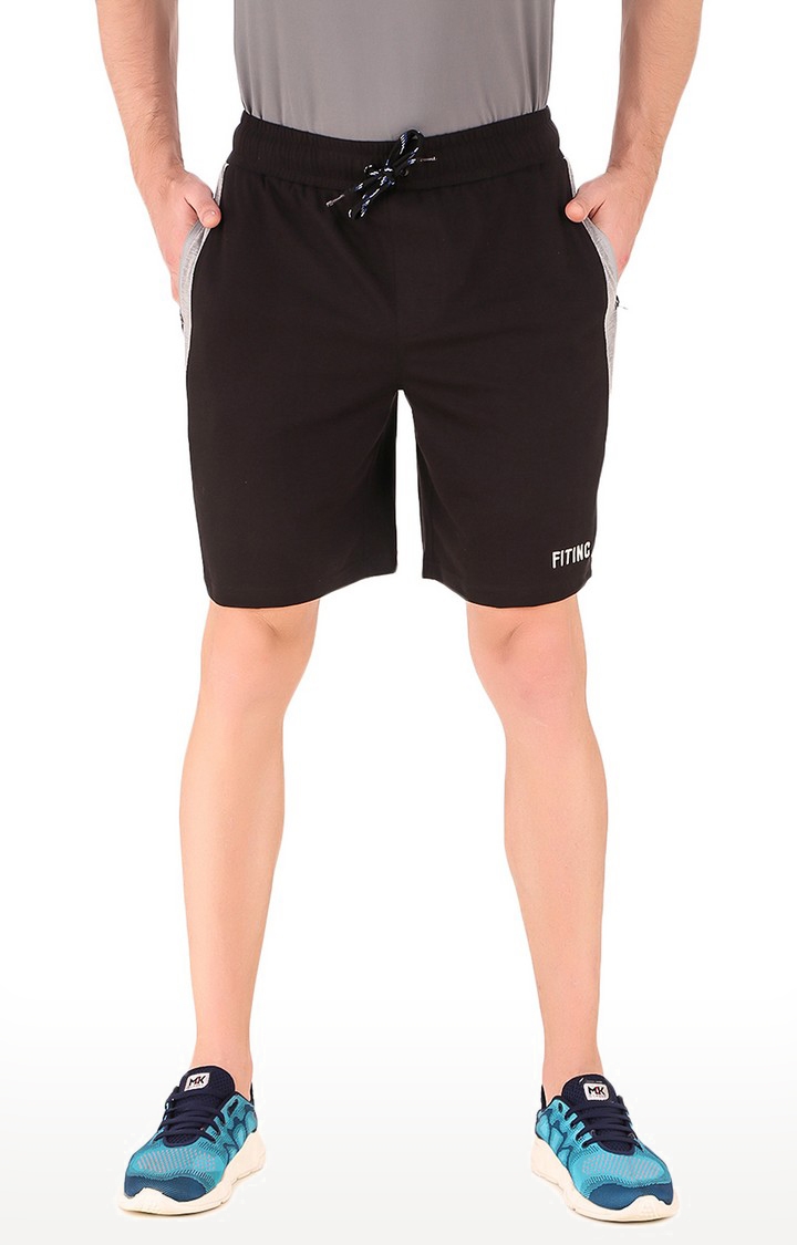Fitinc | Men's Black Cotton Blend Solid Activewear Shorts
