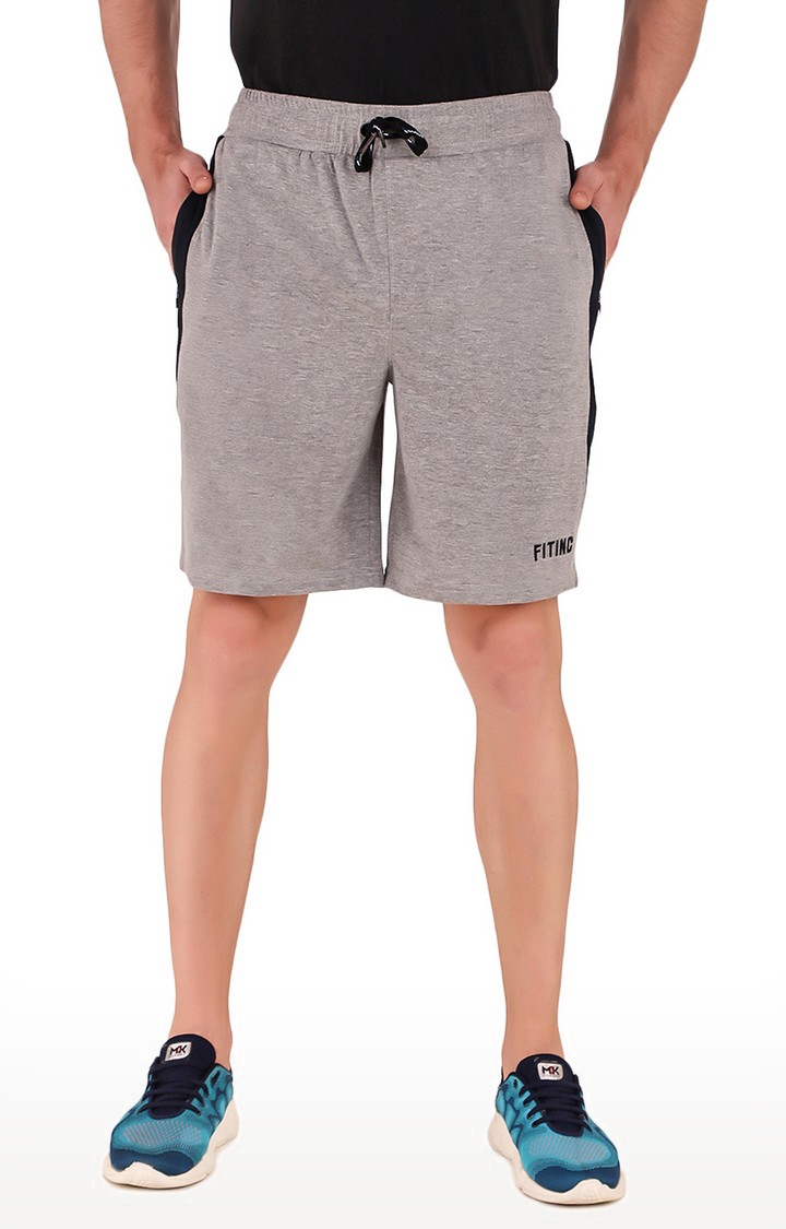 Fitinc Cotton Grey Shorts for Men with Zipper Pockets & Drawcord