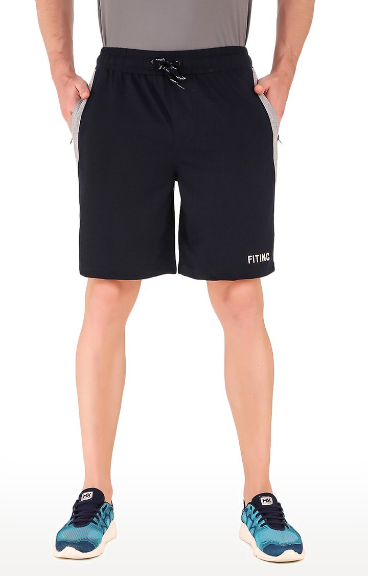 Fitinc Cotton Navy Blue Shorts for Men with Zipper Pockets & Drawcord