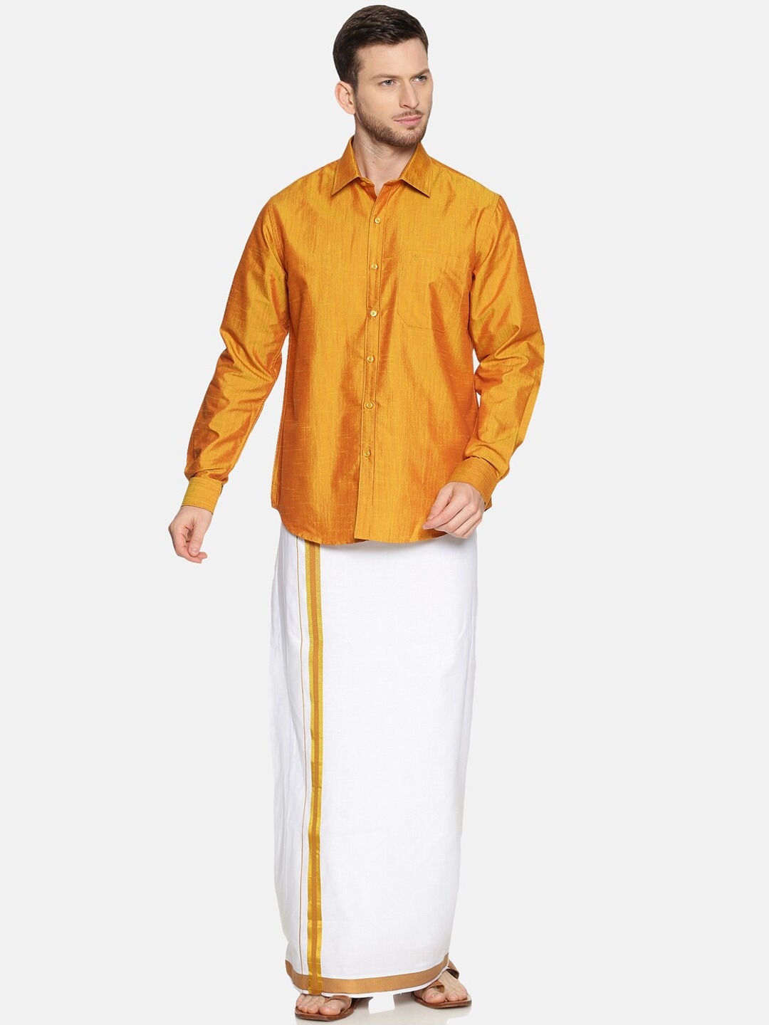 Ramraj | RAMRAJ COTTON Men Gold-Toned  White Solid Shirt  Dhoti Set
