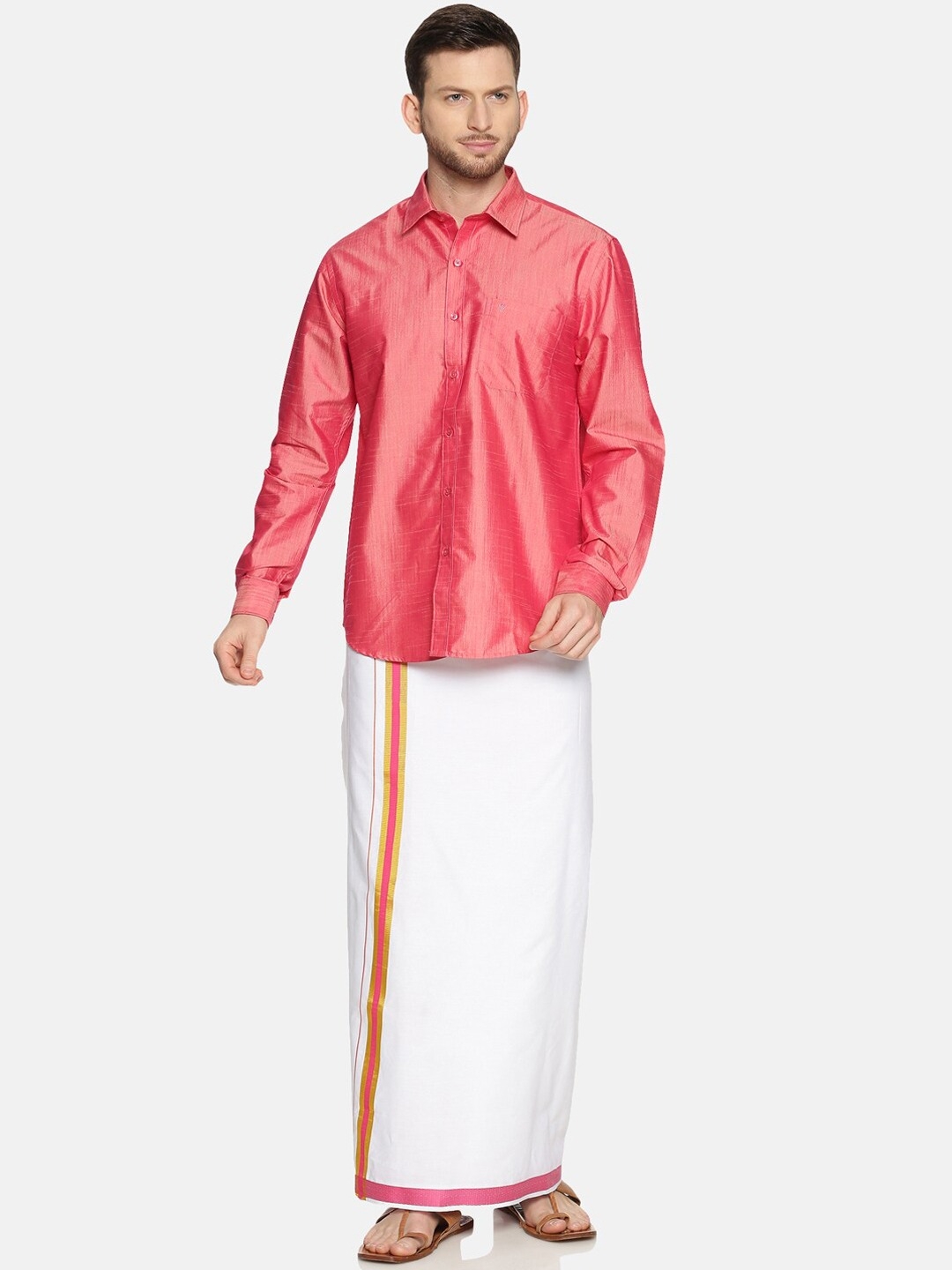Ramraj | RAMRAJ COTTON Men Pink  White Solid Shirt  Dhoti Set