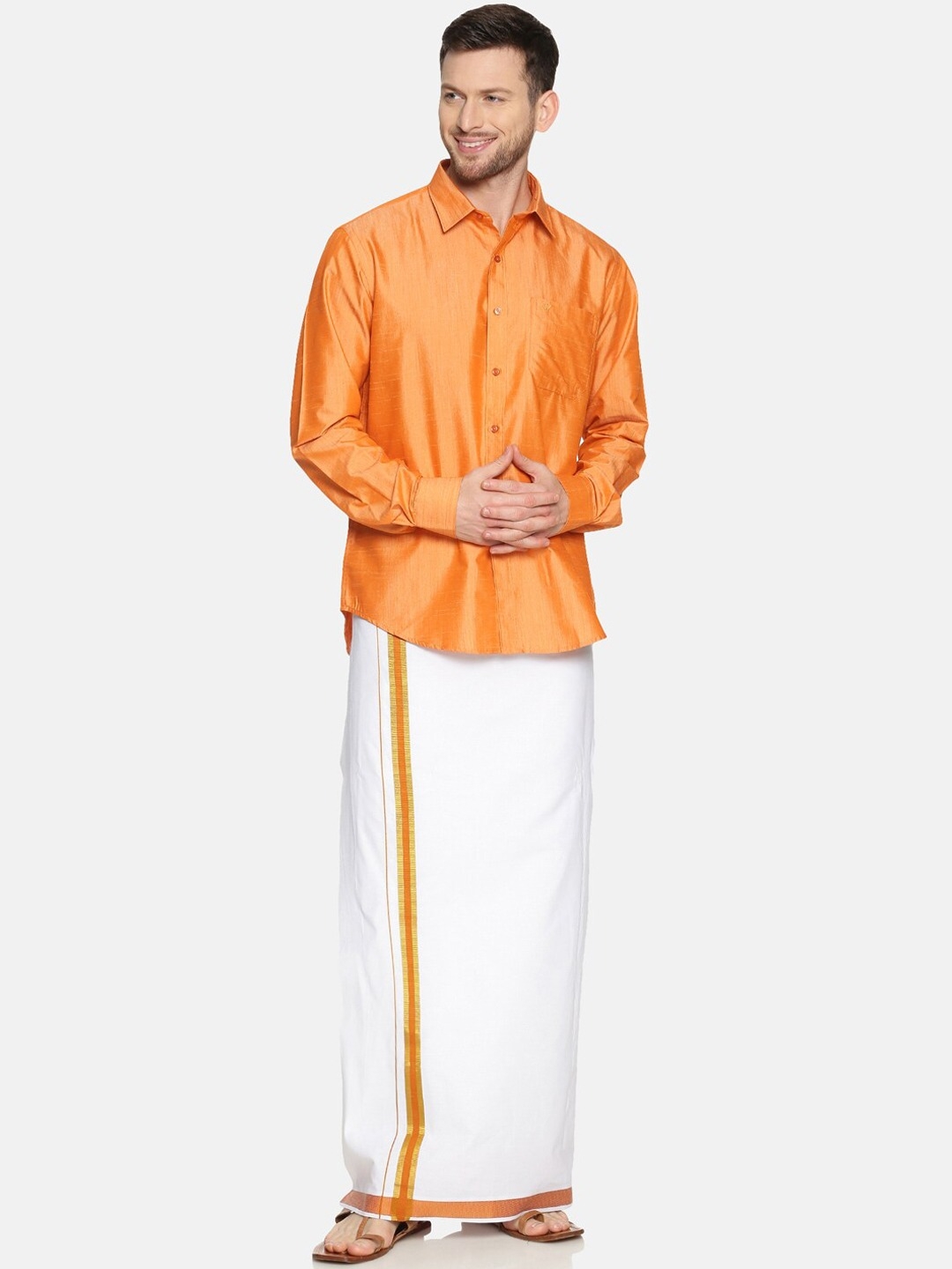 RAMRAJ COTTON Men Orange  White Solid Shirt  Dhoti Set