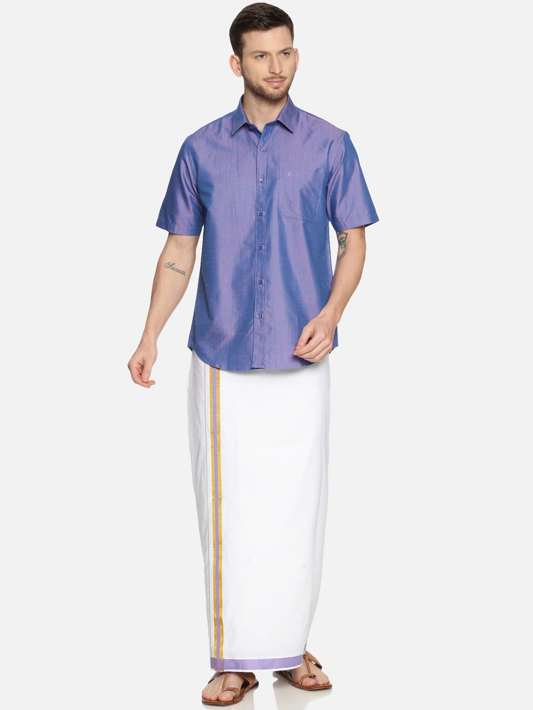Ramraj | RAMRAJ COTTON Men Blue  White Solid Shirt  Dhoti Set