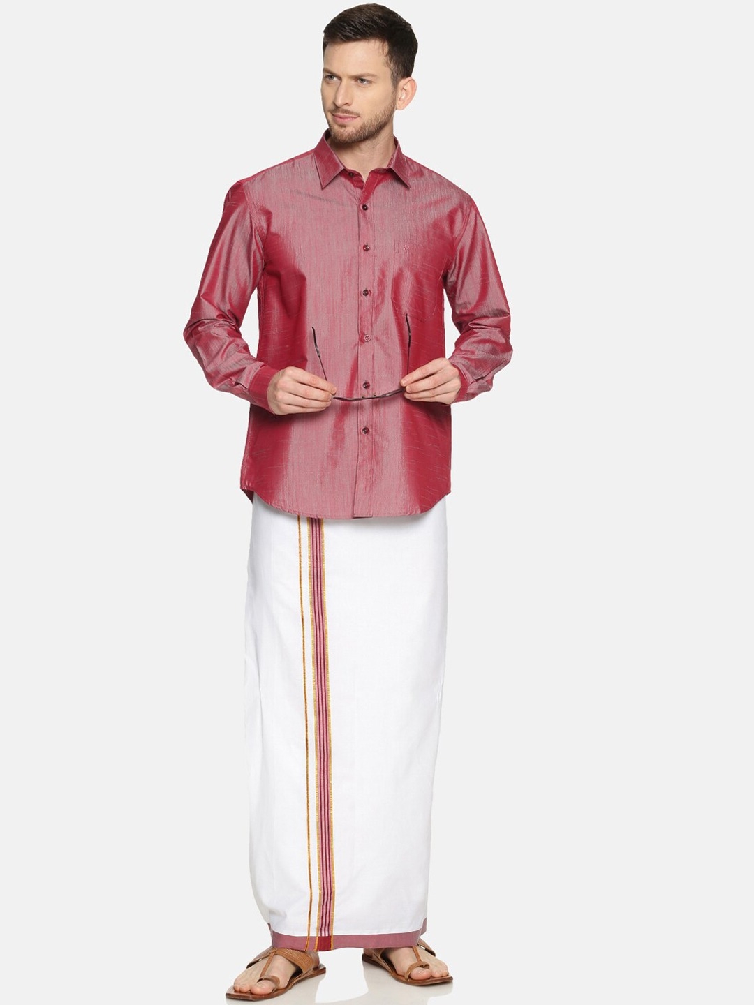 Ramraj | RAMRAJ COTTON Men Purple  White Solid Shirt  Dhoti Set