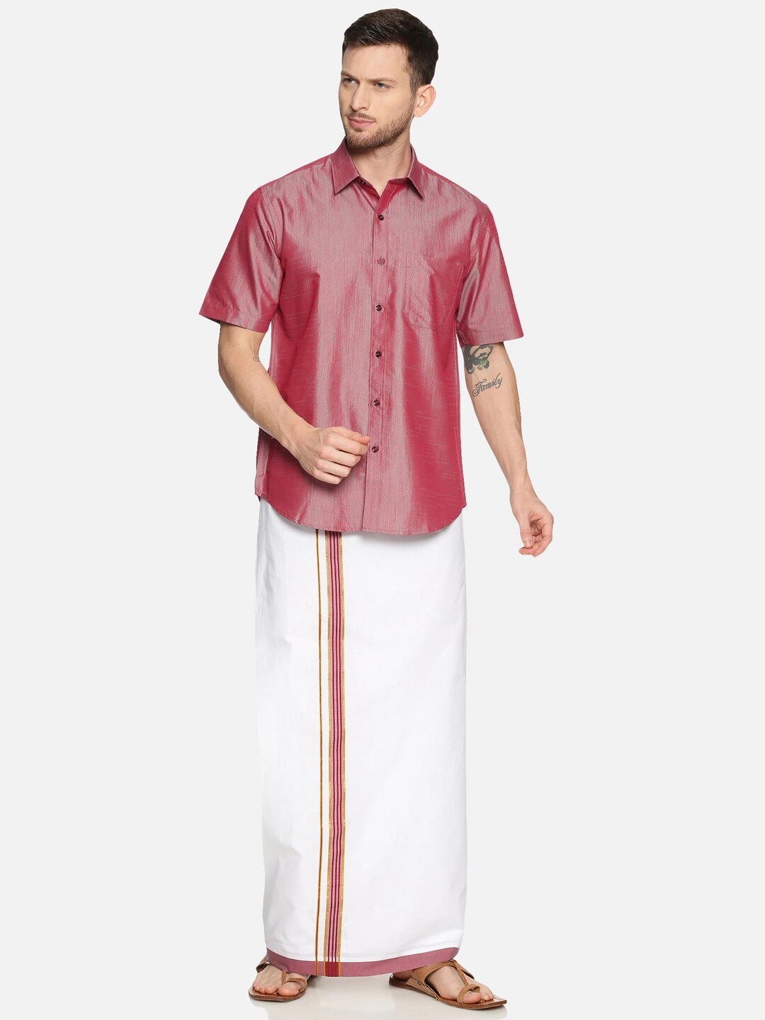 Ramraj | RAMRAJ COTTON Men Purple  White Solid Shirt  Dhoti Set