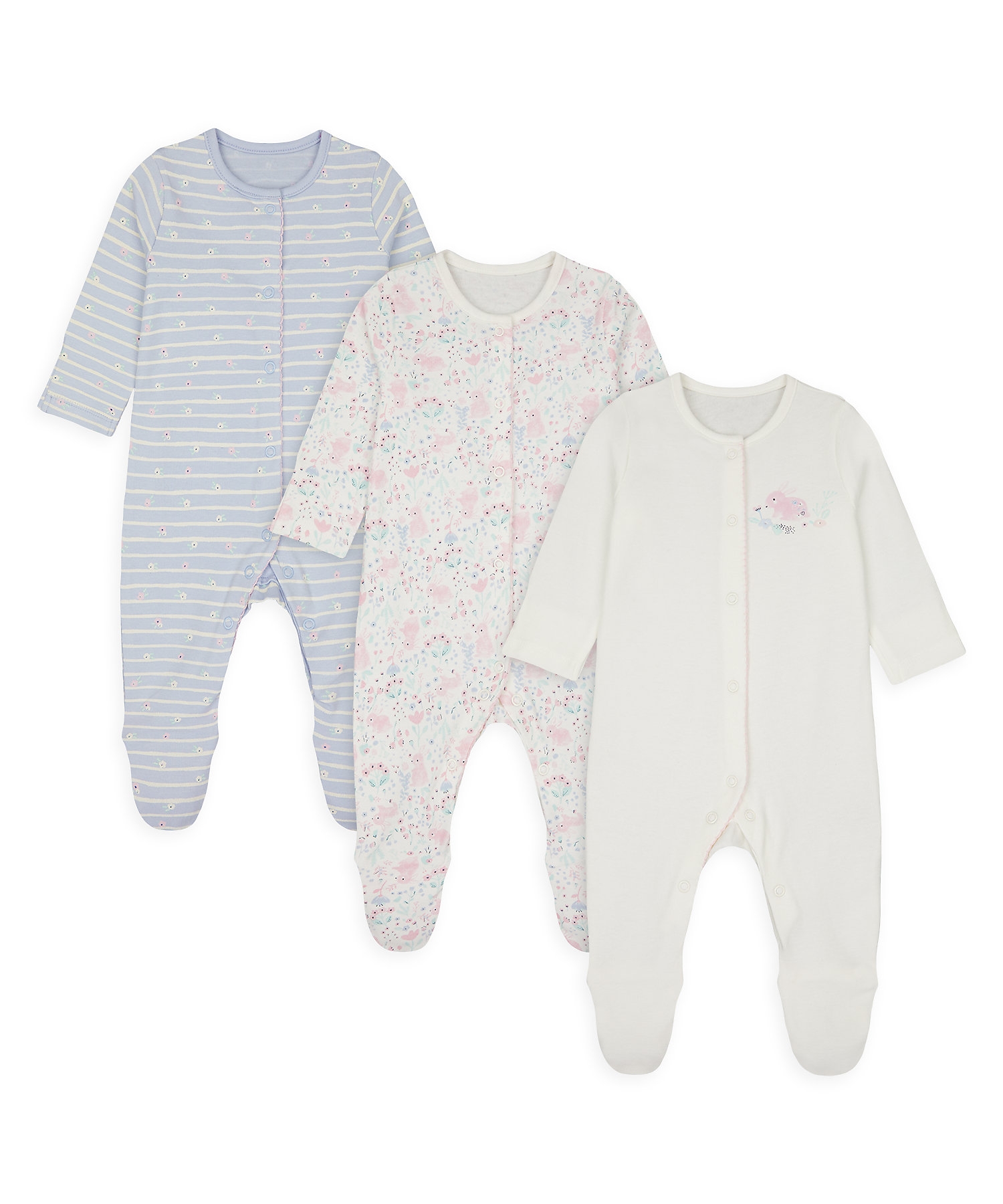 Girls Full Sleeves Sleepsuit Striped And Bunny Print - Pack Of 3 - Multicolor
