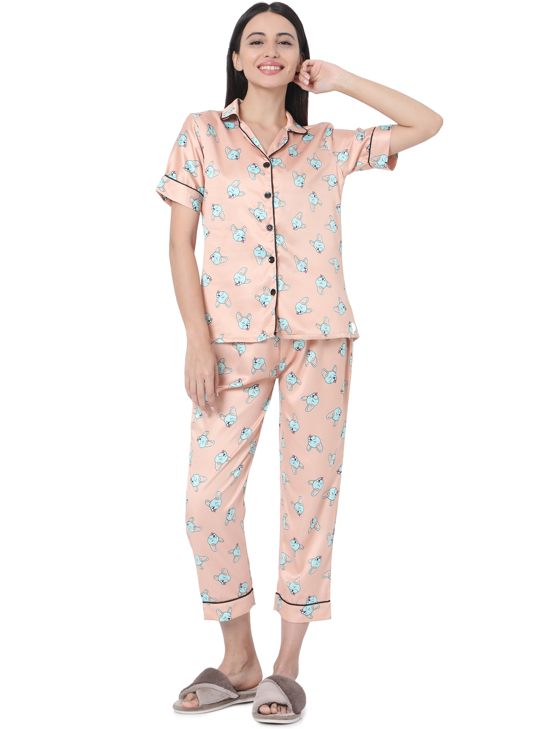 Smarty Pants | Smarty Pants Women's Silk Satin Peach Color & Turquoise Blue Dog Print Night Suit