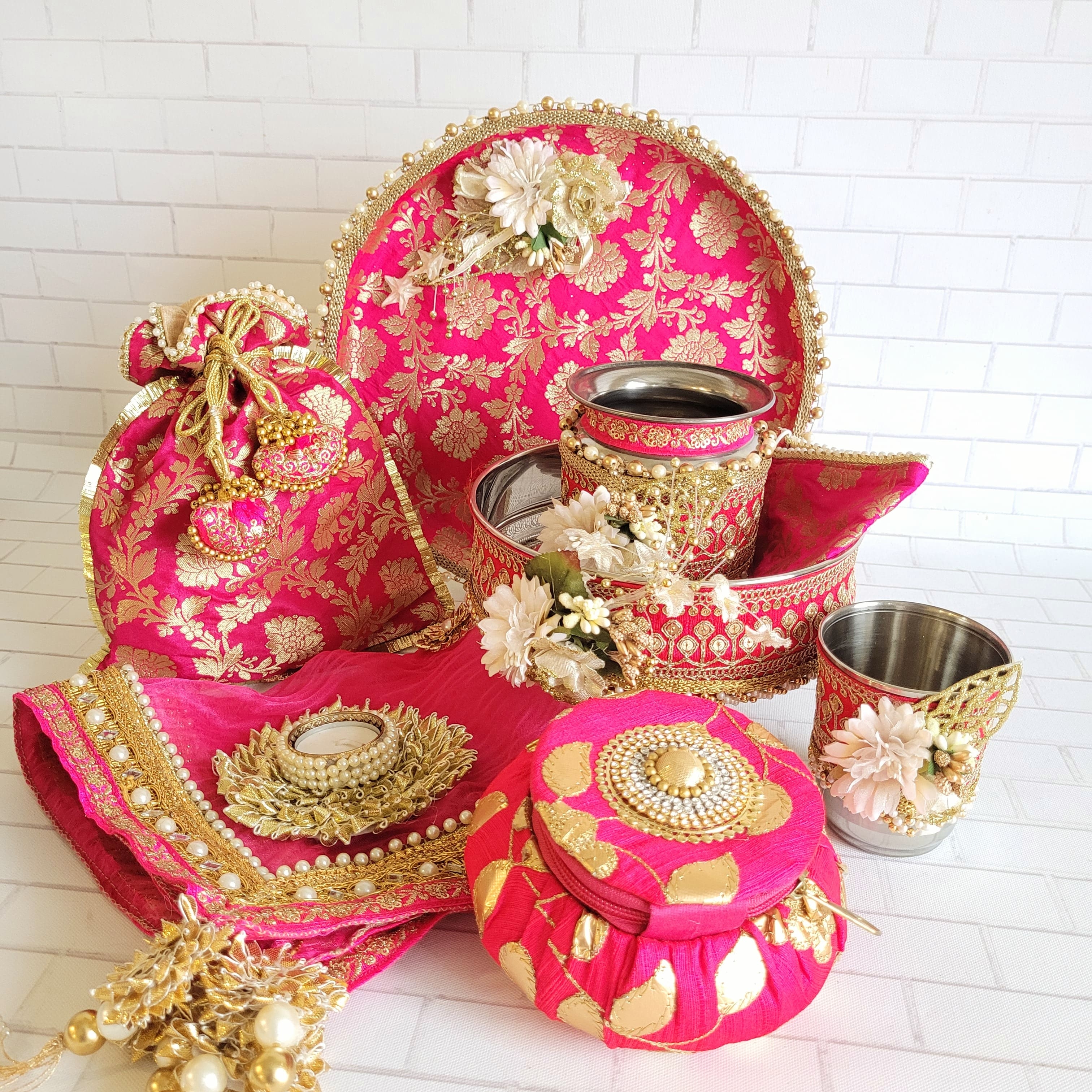 Peach & Pink Floral Work Karva Chauth Thali Set