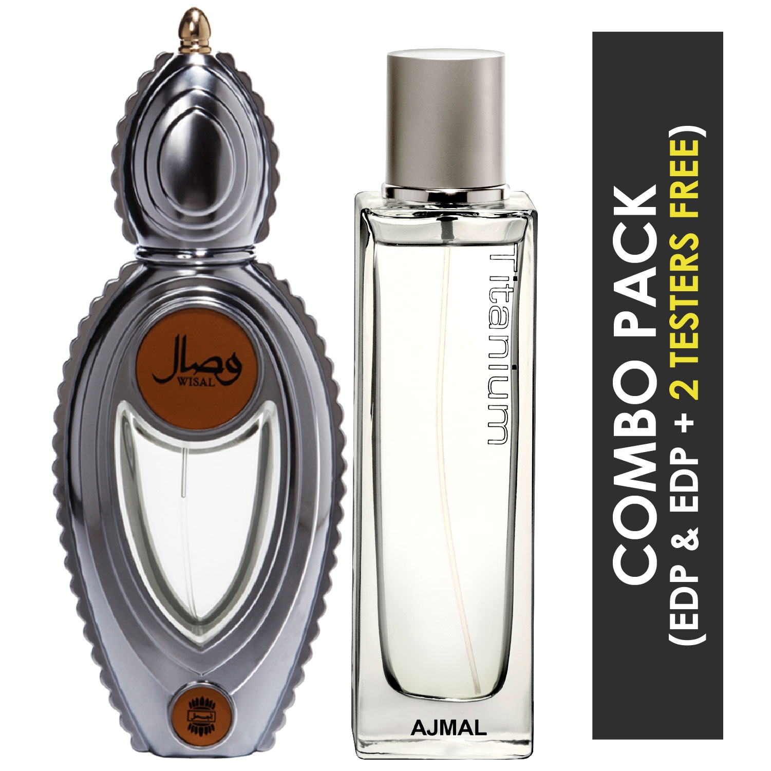 Ajmal | Ajmal  Wisal EDP Floral Musky Perfume 50ml for Women and Titanium EDP Citrus Spicy Perfume 100ml for Men + 2 Parfum Testers FREE