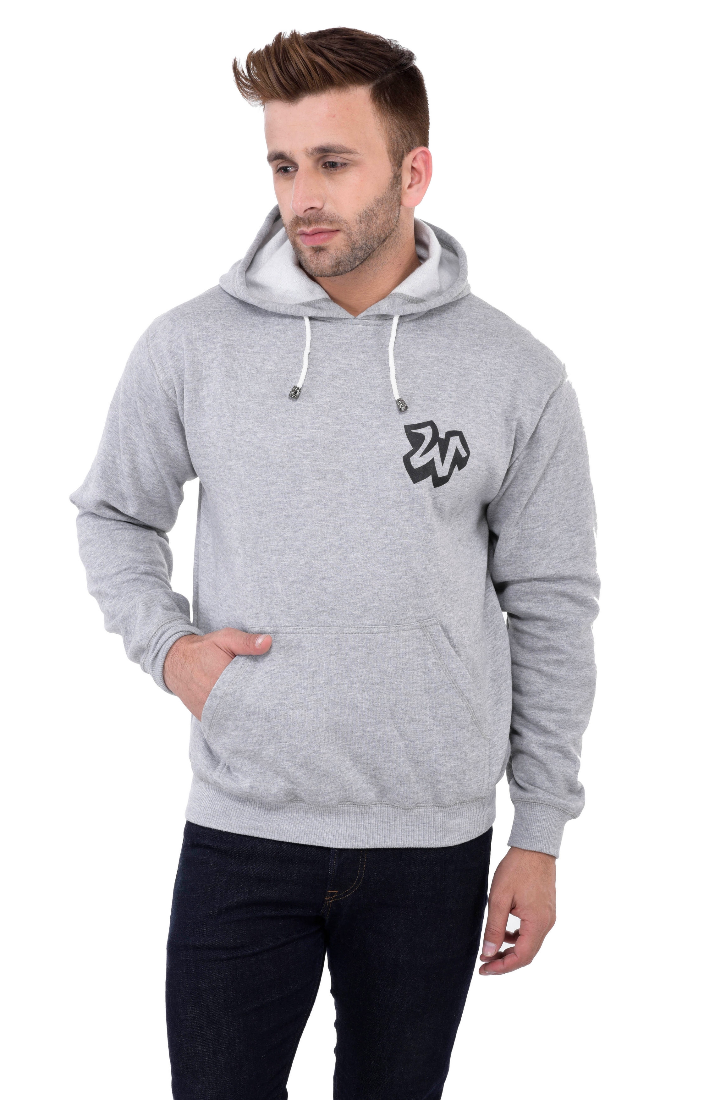 Weardo | Grey Stylish W Printed Hooded Sweatshirt 