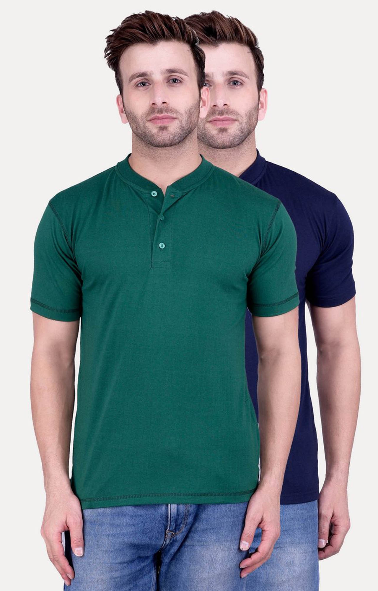 Weardo | Green and Navy Blue Solid T-Shirt - Pack of 2