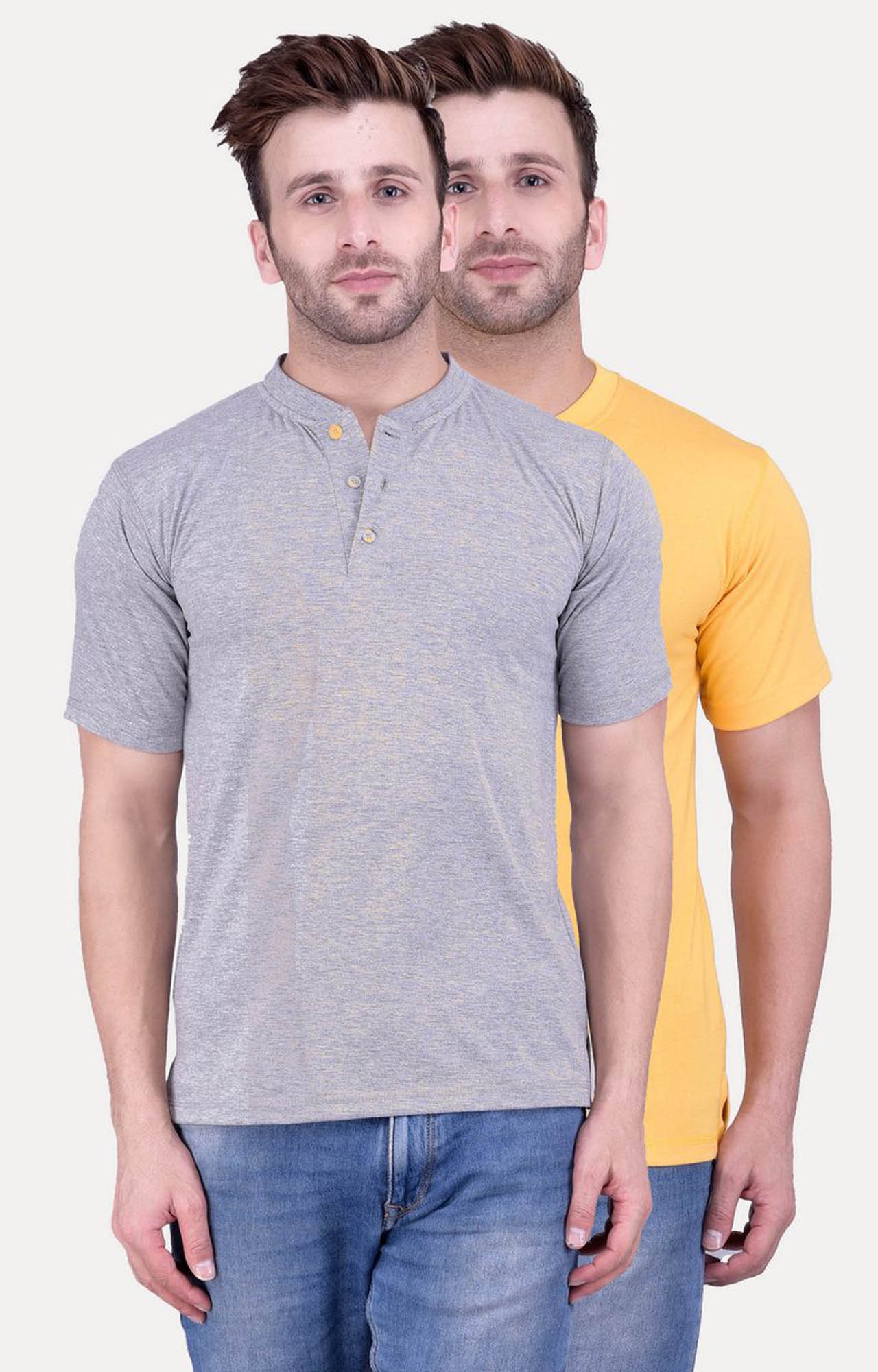 Grey and Yellow Solid T-Shirt - Pack of 2