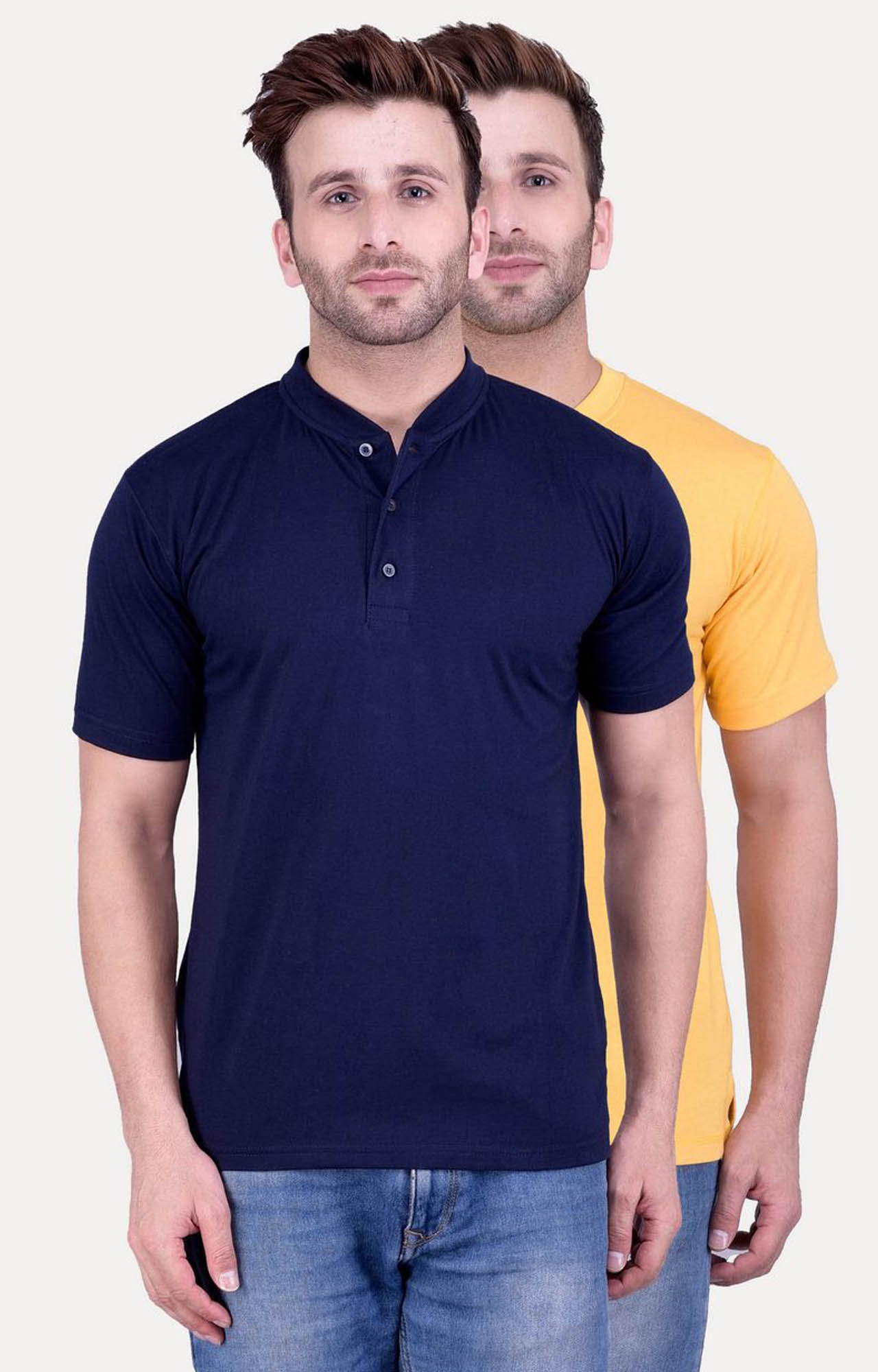 Weardo | Navy and Yellow Solid T-Shirt - Pack of 2