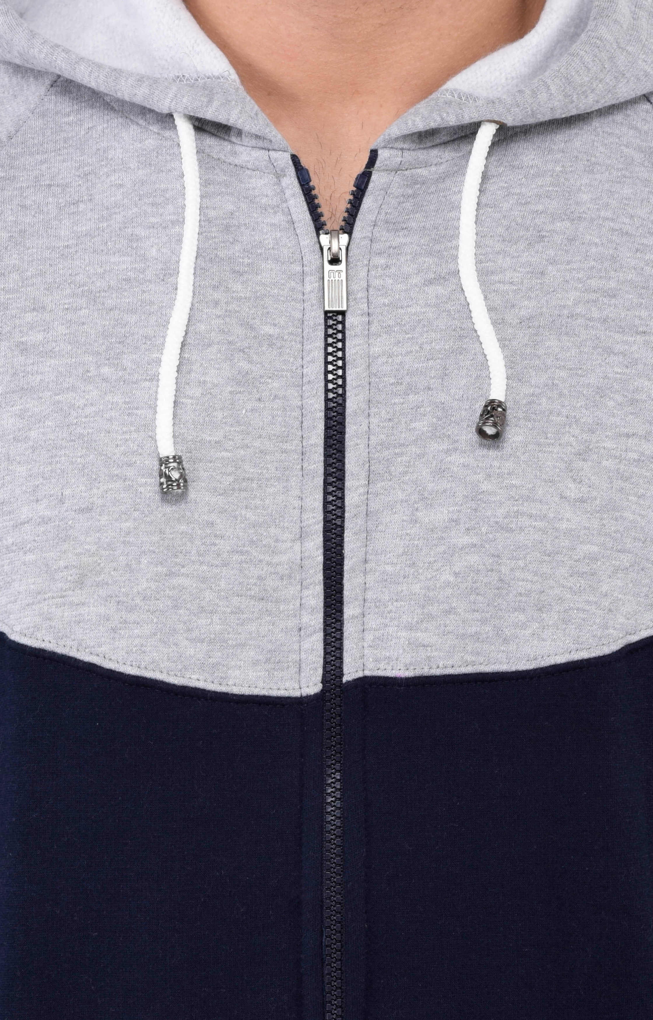 Grey Stylish Zipper Designer Colourblock Hooded Sweatshirt 