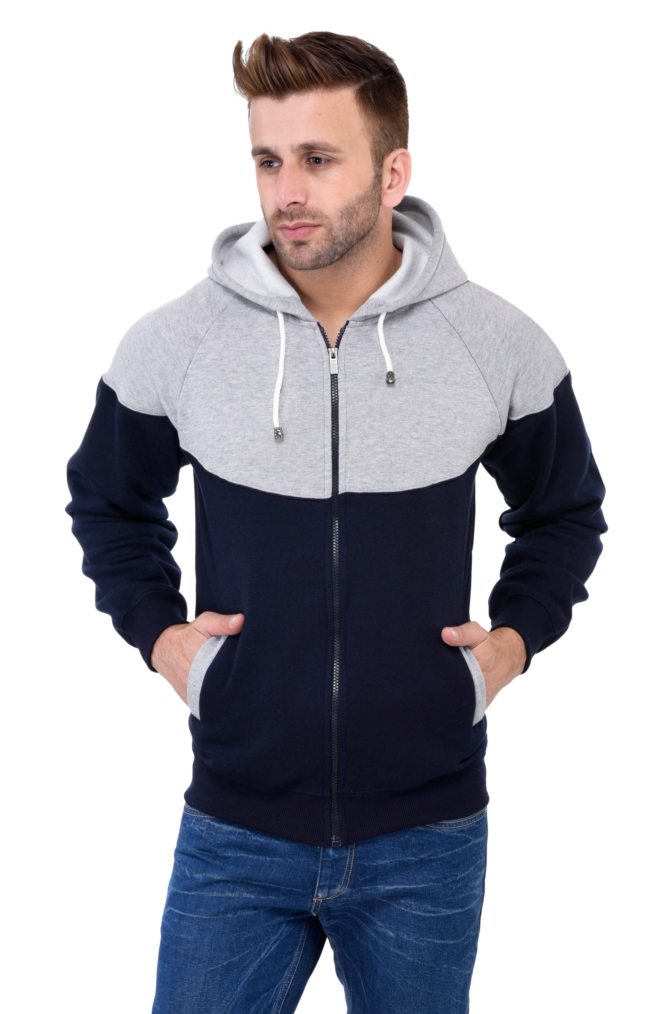 Weardo | Grey Stylish Zipper Designer Colourblock Hooded Sweatshirt 