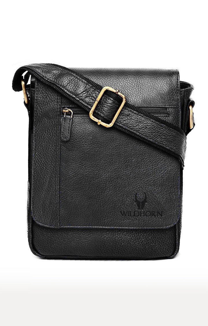 WildHorn | WildHorn 100% Genuine Classic Leather Black Sling Bag for Men