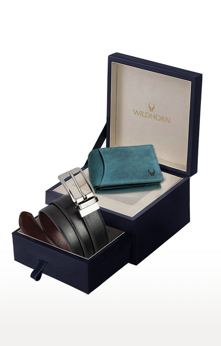 WildHorn Formal Black Reversible Leather Belt & Blue Wallet Combo Gift Hamper for Men