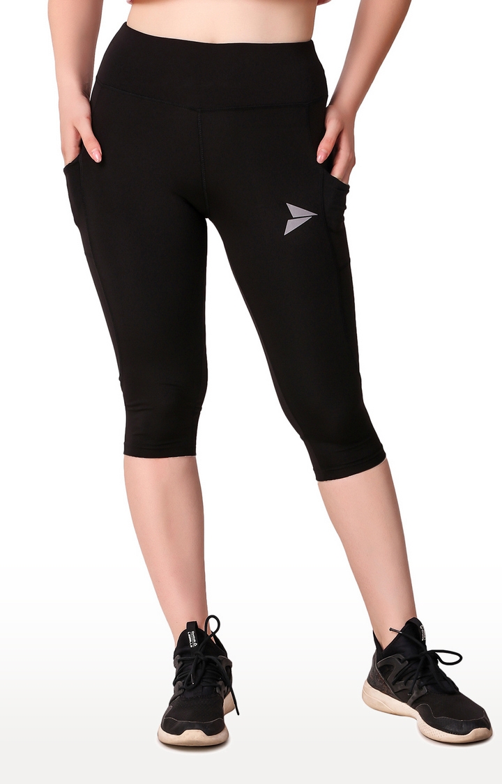 Fitinc Black Capri for Women with Mobile Pockets
