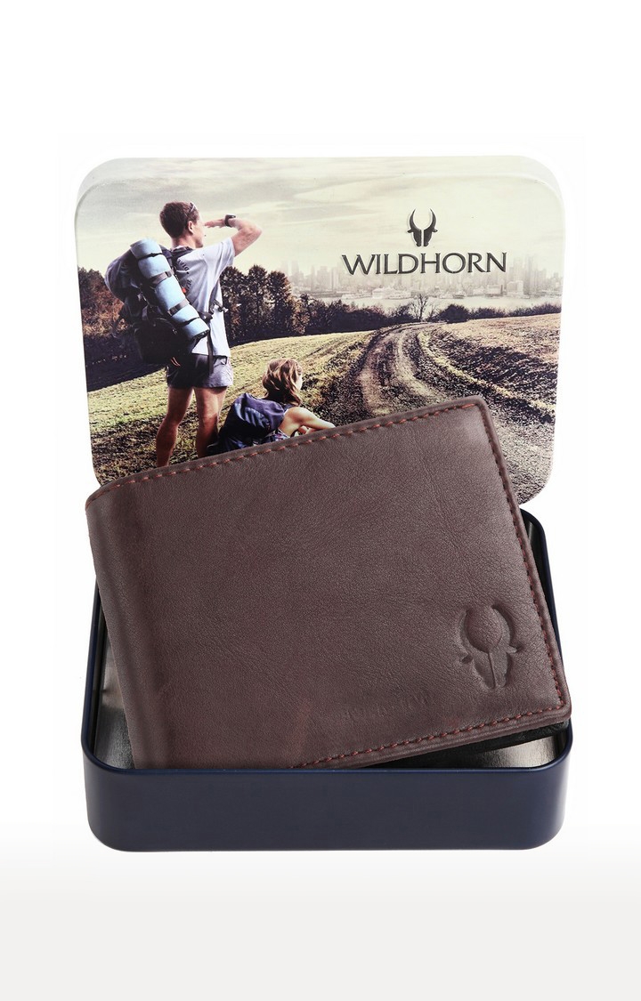WildHorn | WildHorn RFID Protected Genuine High Quality Leather Embossed Brown Wallet for Men