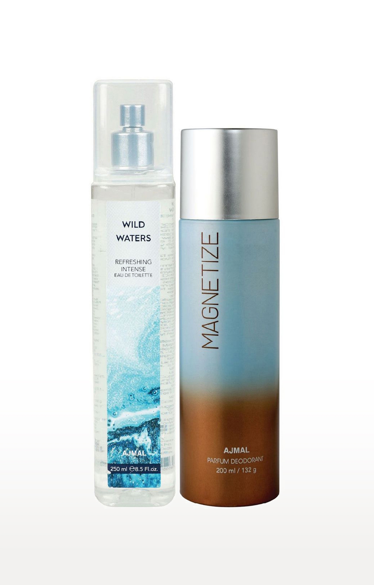Ajmal | Ajmal Wild Waters EDT of 250ml & Magnetize  Deodorant 200ml  pack of 2 (Total 450ML) for Unisex + 4 Parfum Testers