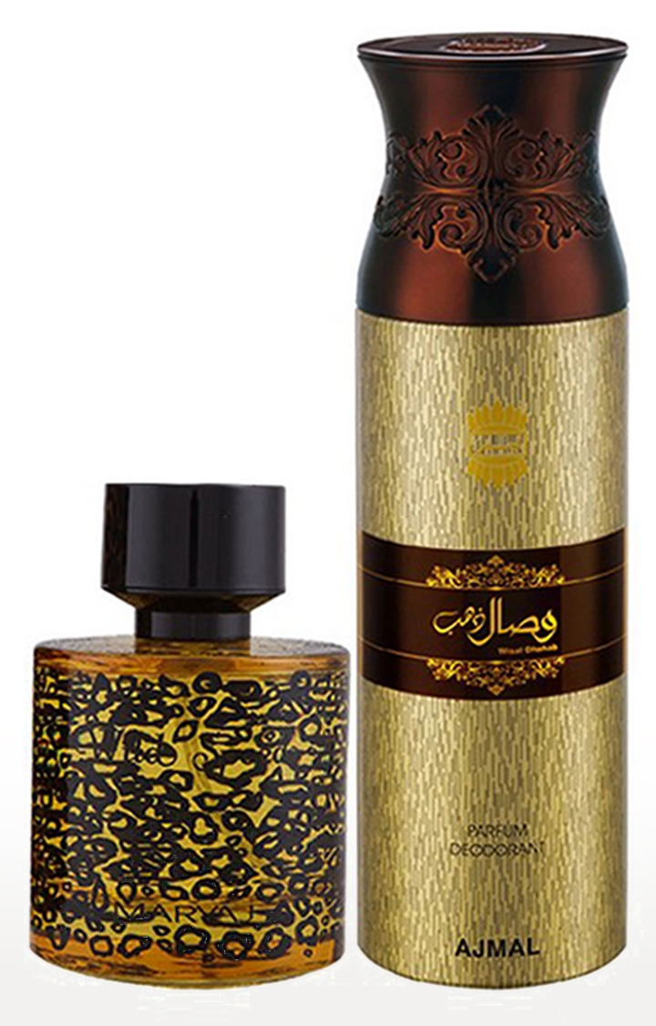 Maryaj Wild Speed Eau De Parfum Perfume 100ml for Men and Ajmal Wisal Dhahab Deodorant Fruity Fragrance 200ml for Men
