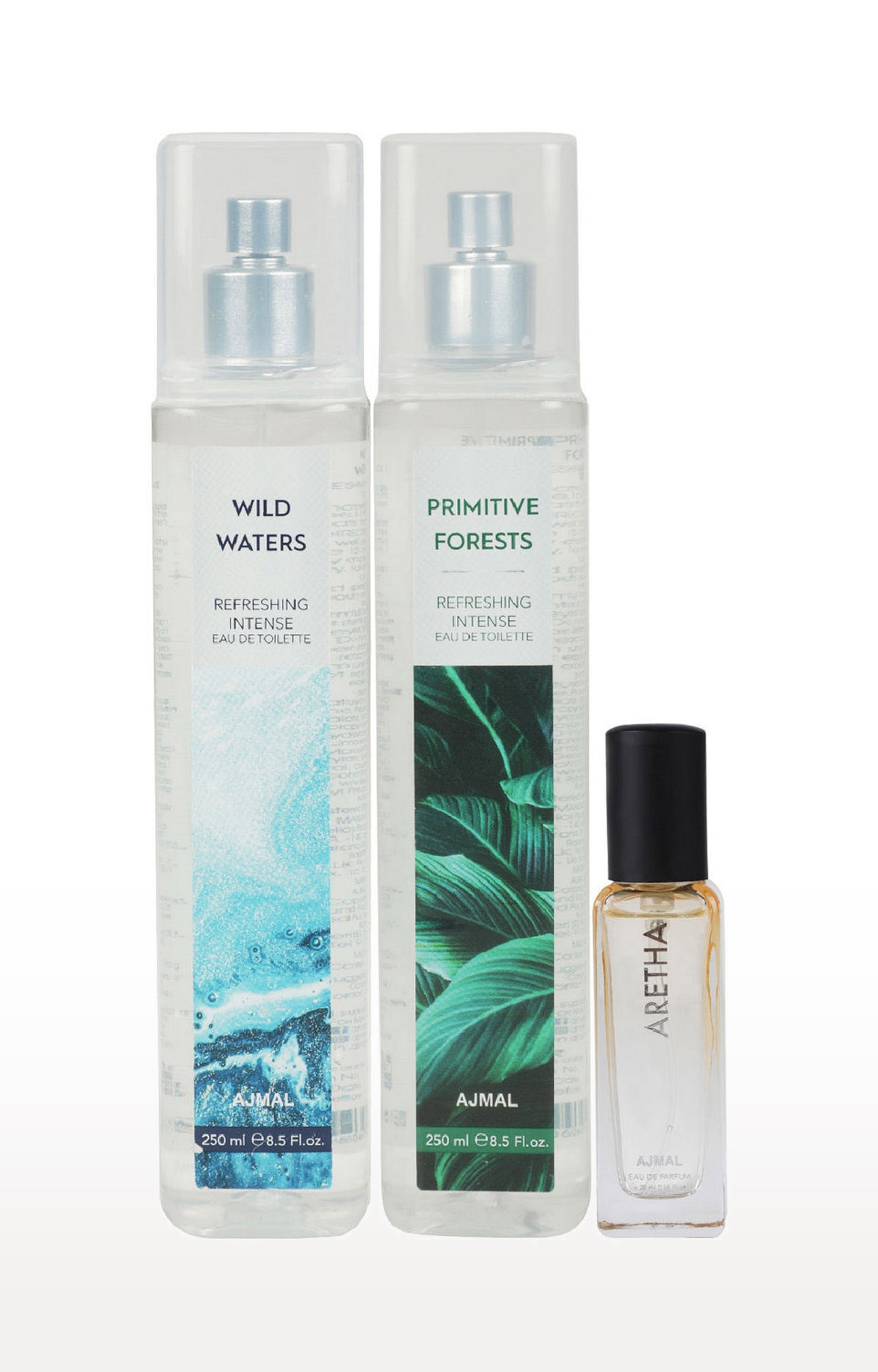 Ajmal | Ajmal Wild Waters & Primitive Forest EDT each 250ML & Aretha EDP 20ML Pack of 3 (Total 520ML) for Men & Women + 2 Parfum Testers