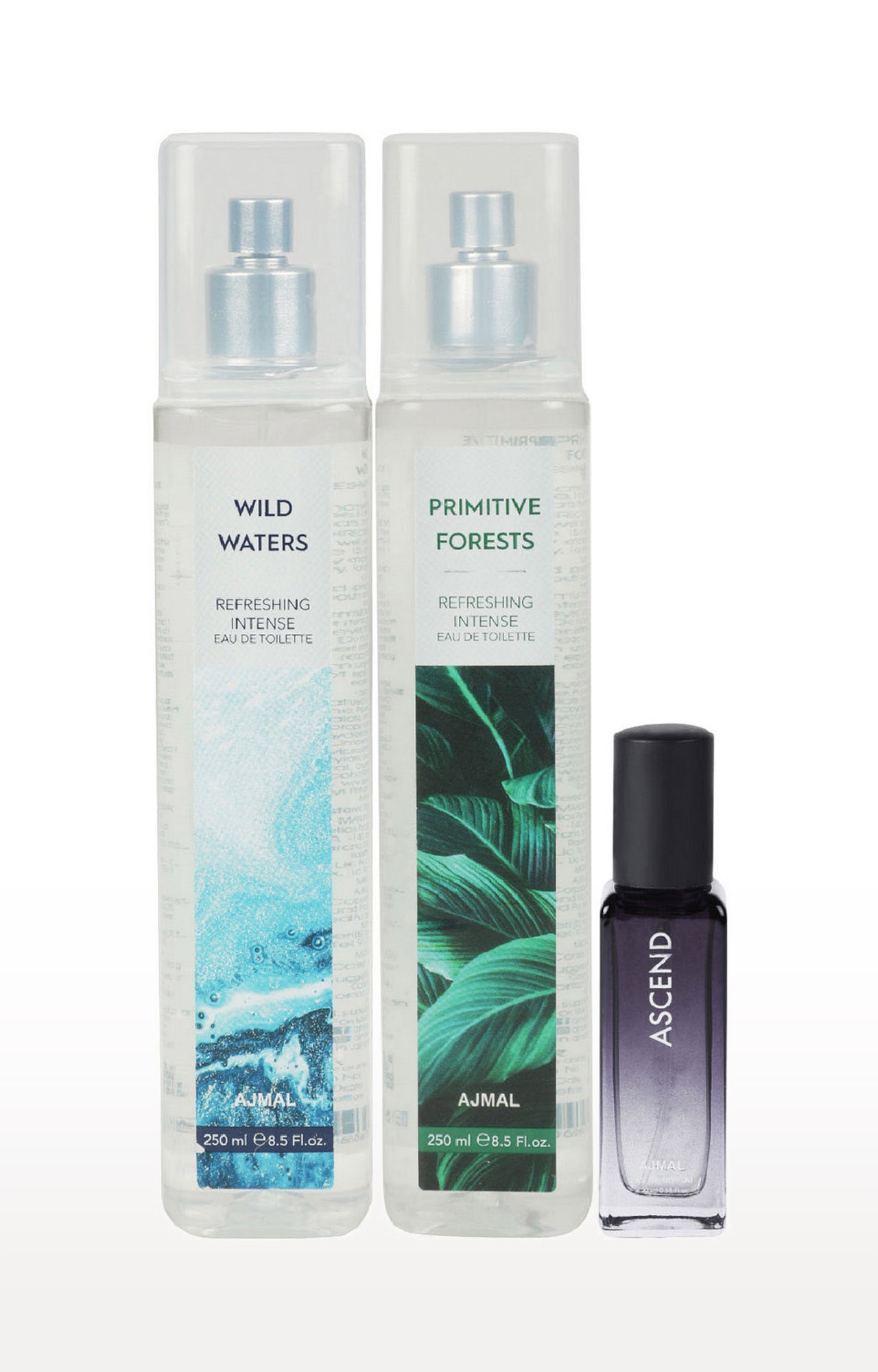 Ajmal | Ajmal Wild Waters & Primitive Forest EDT each 250ML & Ascend  EDP 20ML Pack of 3 (Total 520ML) for Men & Women + 2 Parfum Testers