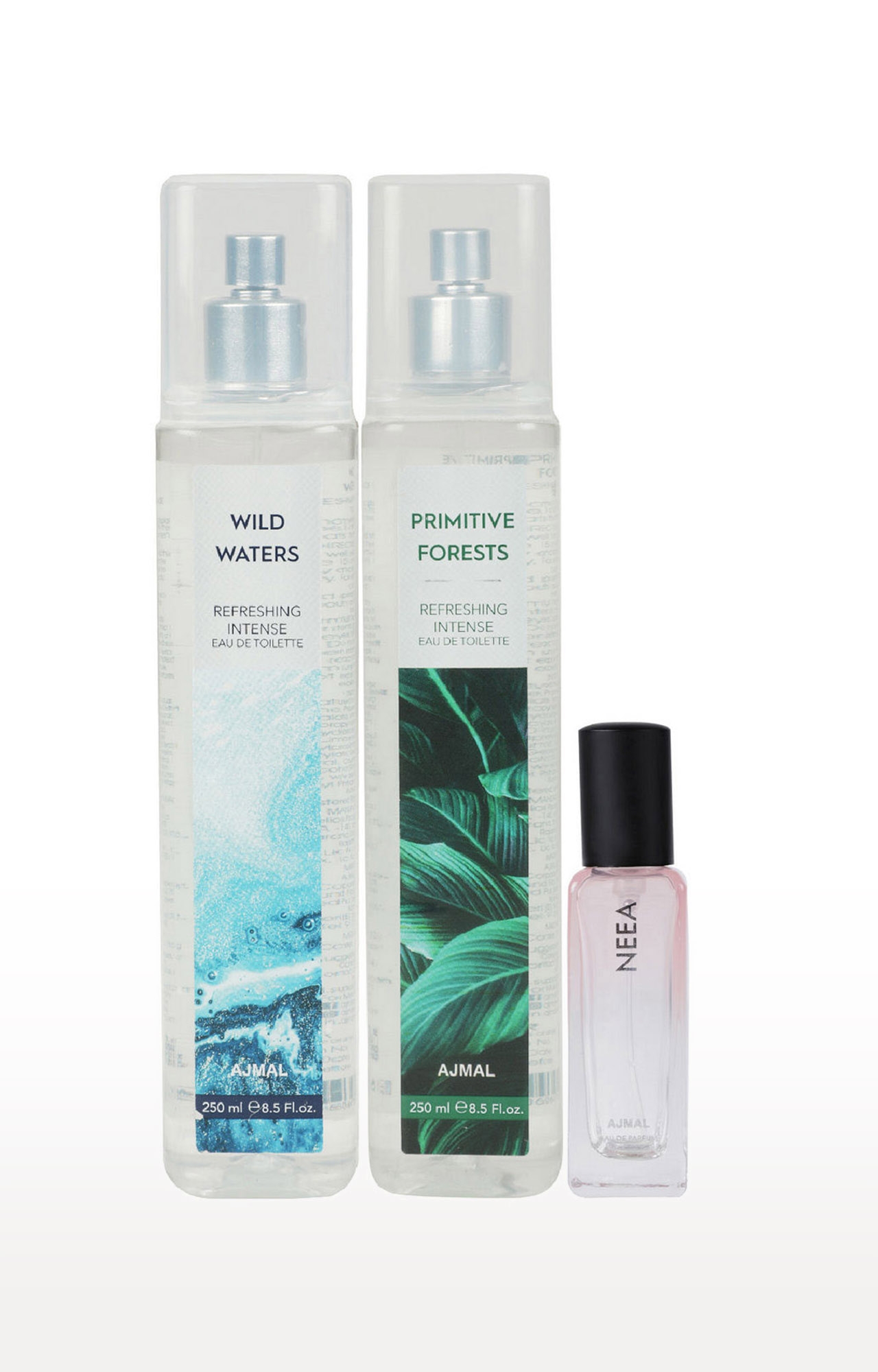 Ajmal | Ajmal Wild Waters & Primitive Forest EDT each 250ML & Neea EDP 20ML Pack of 3 (Total 520ML) for Men & Women + 2 Parfum Testers