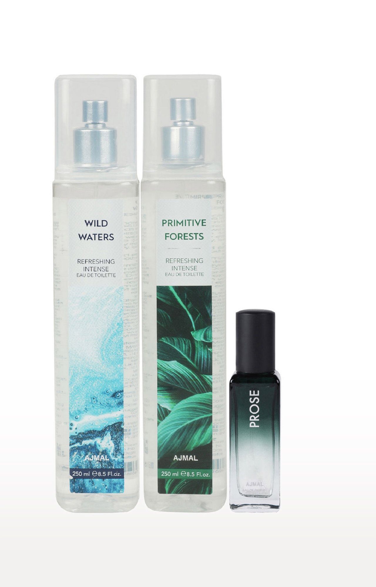 Ajmal | Ajmal Wild Waters & Primitive Forest EDT each 250ML & Prose EDP 20ML Pack of 3 (Total 520ML) for Men & Women + 2 Parfum Testers