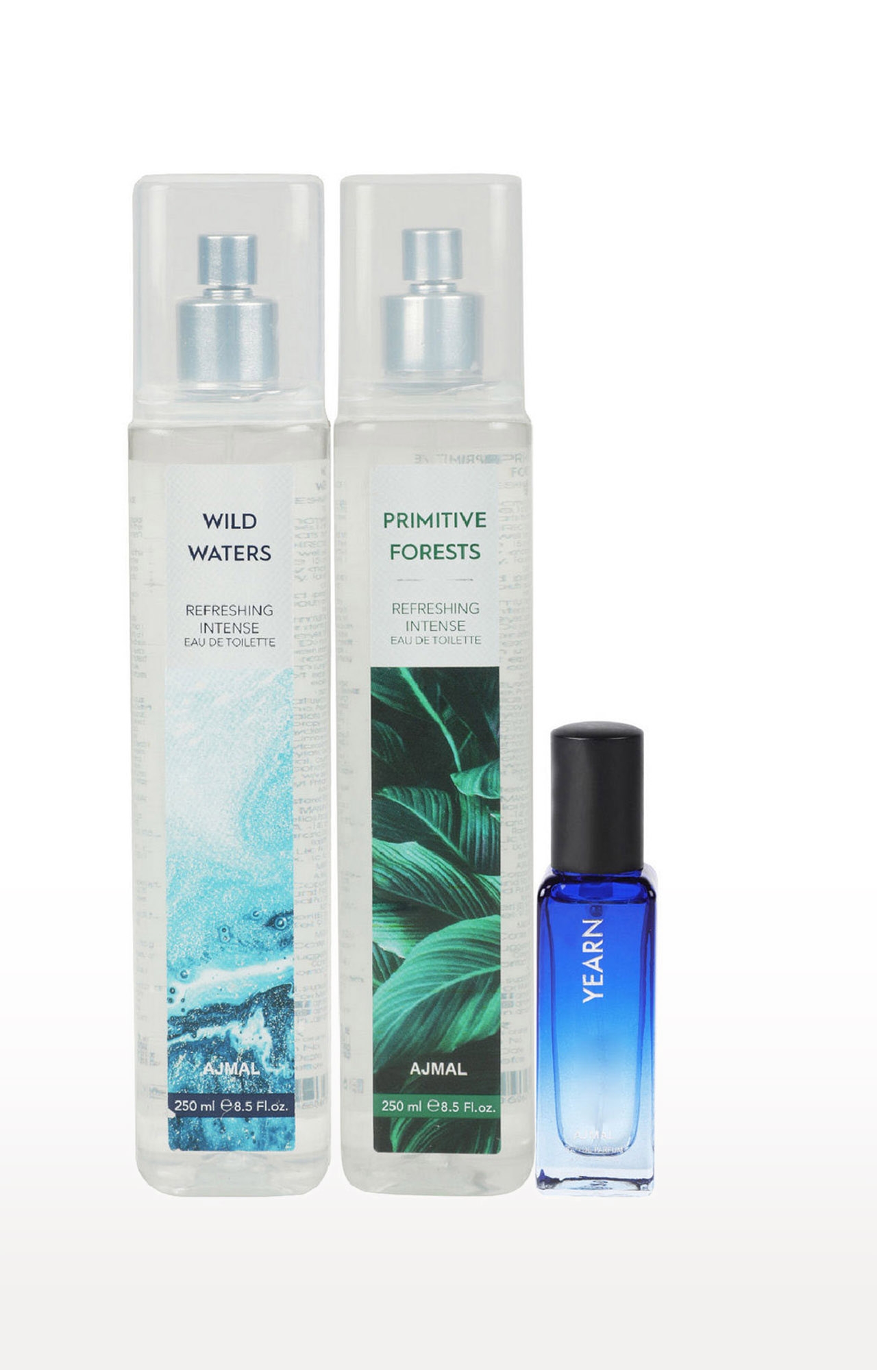 Ajmal | Ajmal Wild Waters & Primitive Forest EDT each 250ML & Yearn  EDP 20ML Pack of 3 (Total 520ML) for Men & Women + 2 Parfum Testers