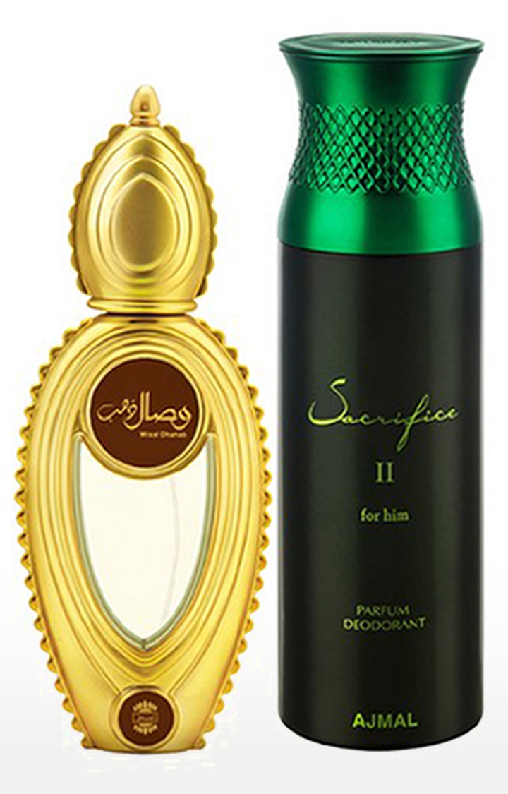 Ajmal Wisal Dhahab EDP Fruity Perfume 50ml for Men and Sacrifice II for Him Deodorant Fruity Fragrance 200ml for Men