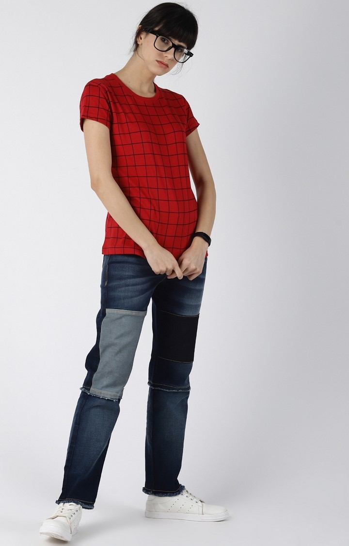 Women's Red Cotton Checked T-Shirts