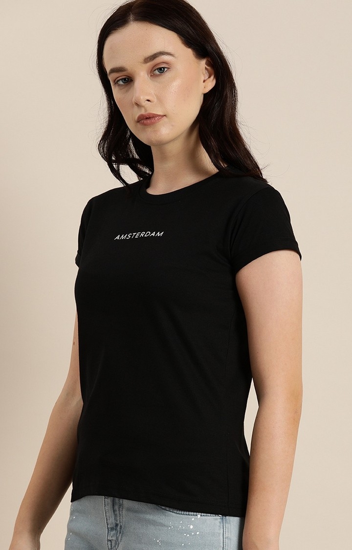 Women's Black Cotton Printed T-Shirts