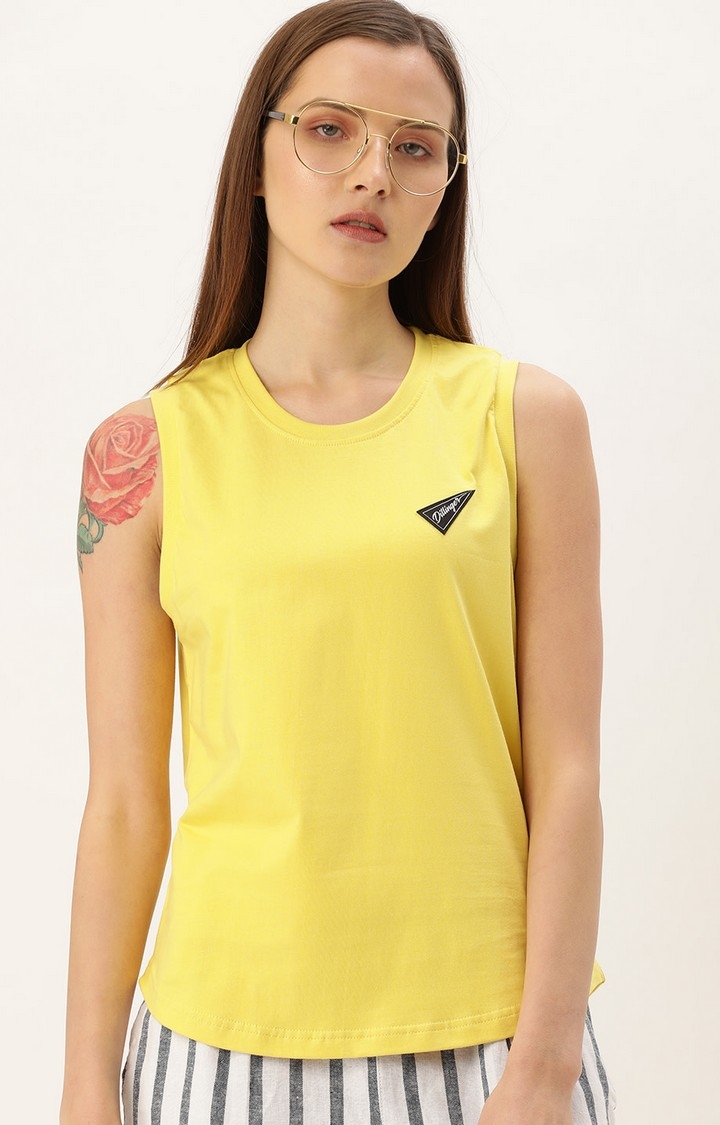 Women's Yellow Cotton Solid Tank Top