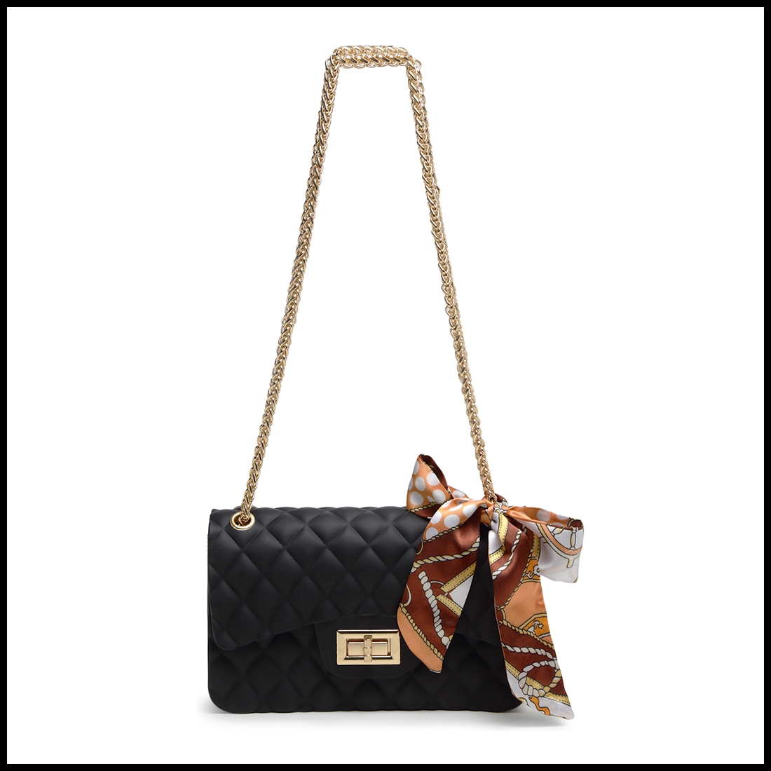 The Haul Factory | The Haul Factory Bold Black Rubber Checkered Patterned Shoulder Sling Bag with Designer Scarf For Women