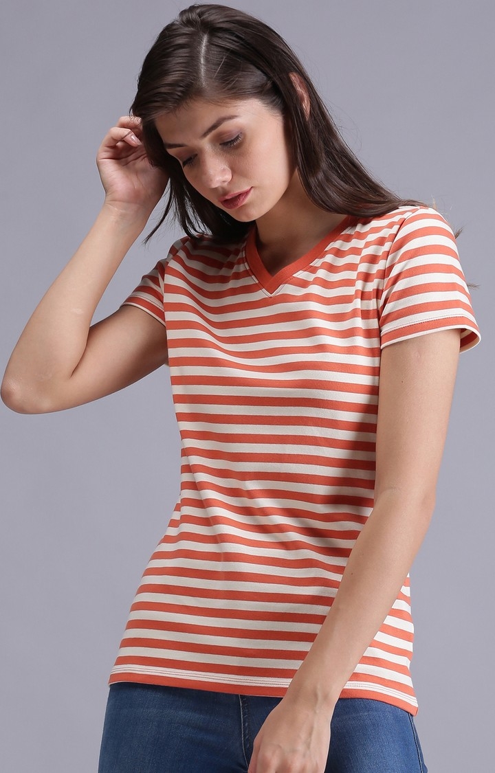 UrGear Striped Women V-Neck Orange and White T-Shirt