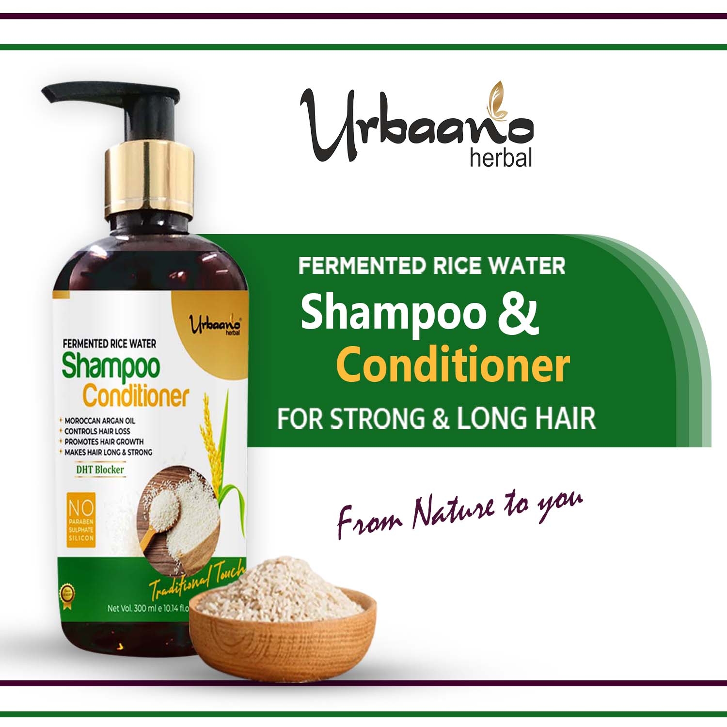 Urbaano Herbal Fermented Rice Water Shampoo & Conditioner for Long Hair -  300ml