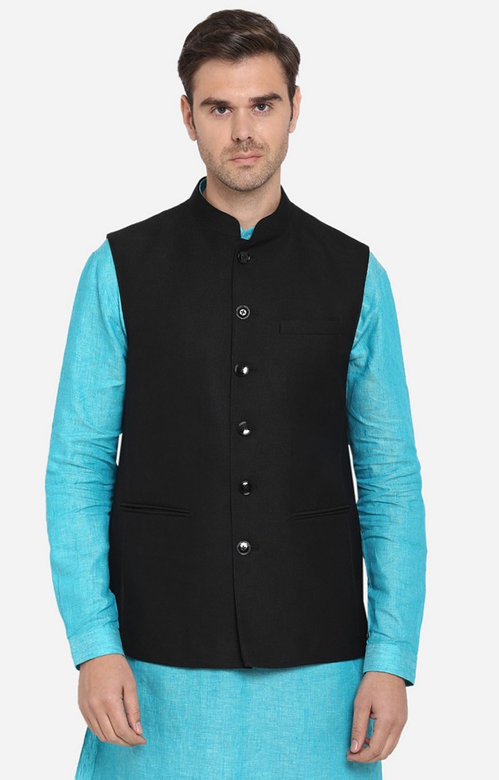 Modi Jacket | Black Textured Ethnic Jacket (MJK092/1-JET BLACK TEXTURED)