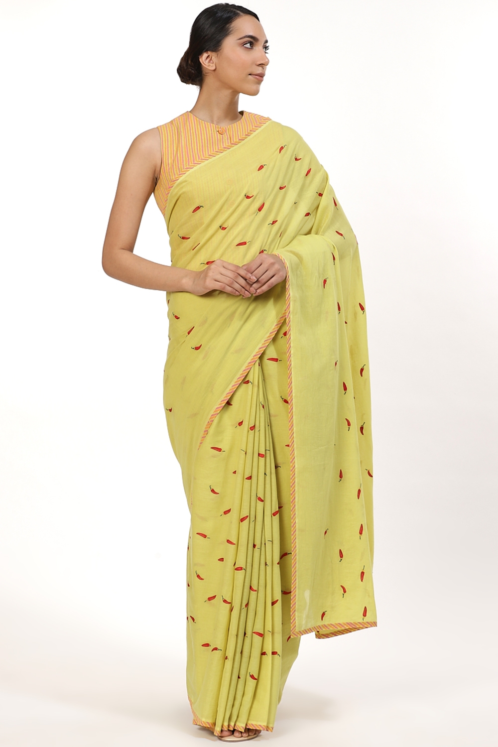 ABRAHAM AND THAKORE | Lime Red Chilli Cotton Voile Saree