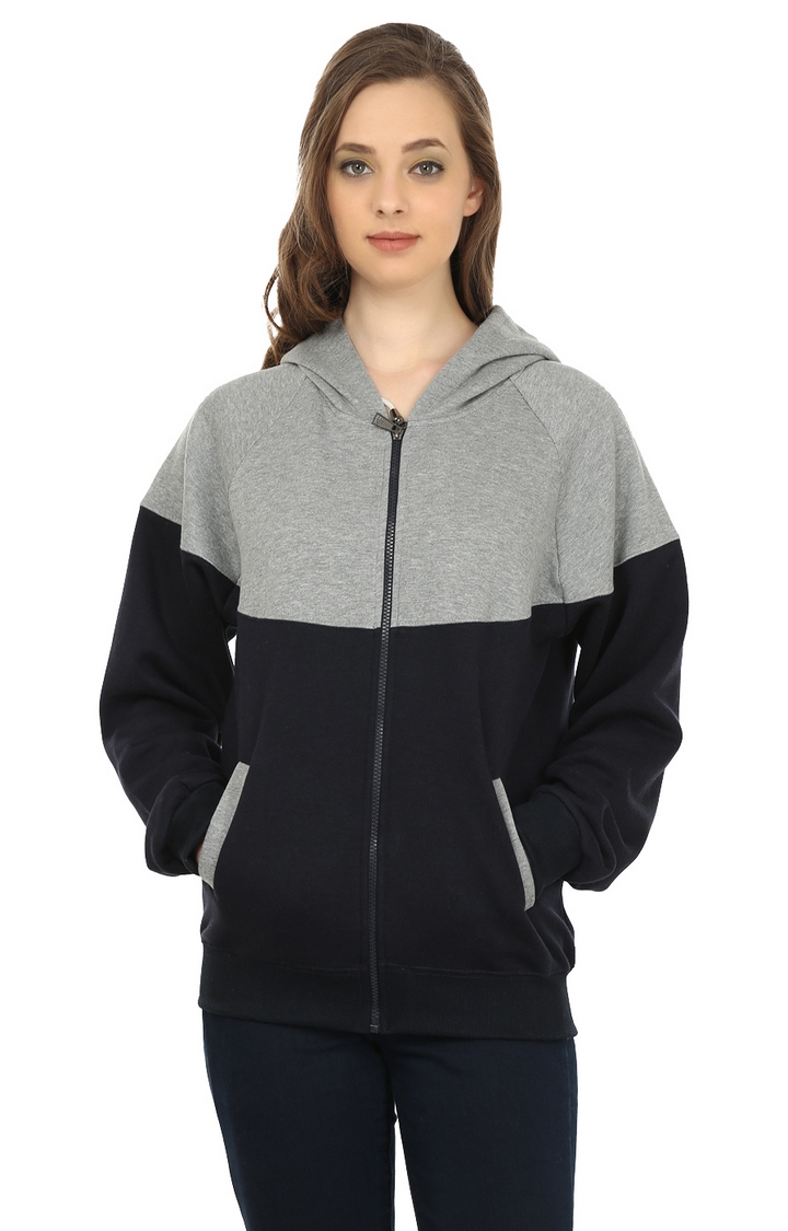 Weardo | Grey Stylish Zipper Designer Colourblock Hooded Sweatshirt 