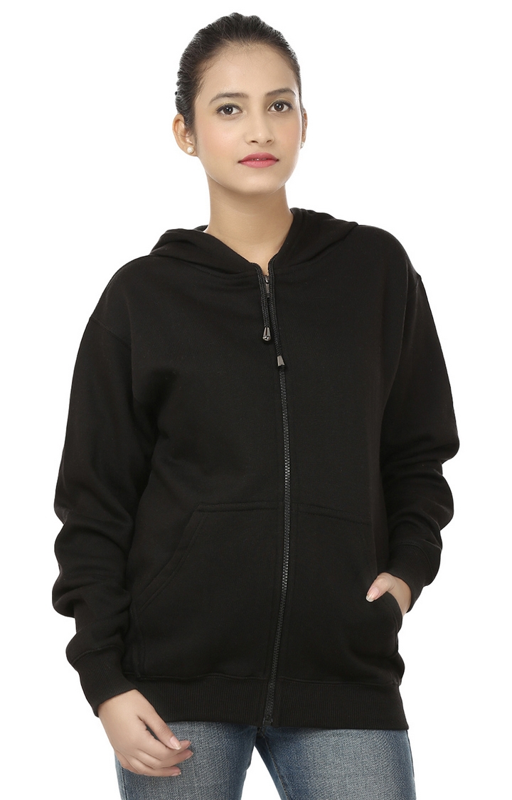 Black Stylish Plain Zipper Hooded Sweatshirt 