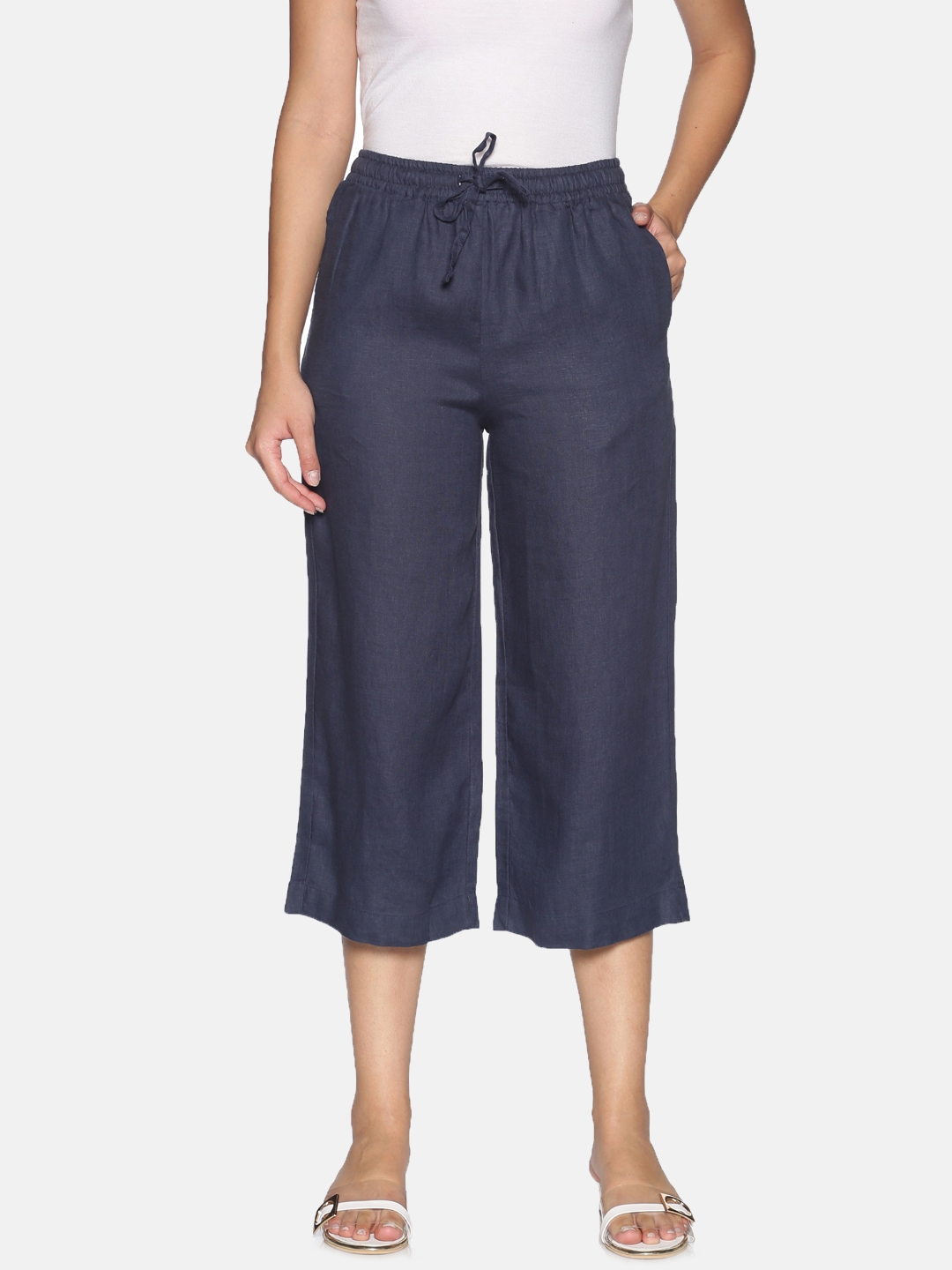 Twin Birds | Twinbirds Navy Solid Linen Palazzo Pant