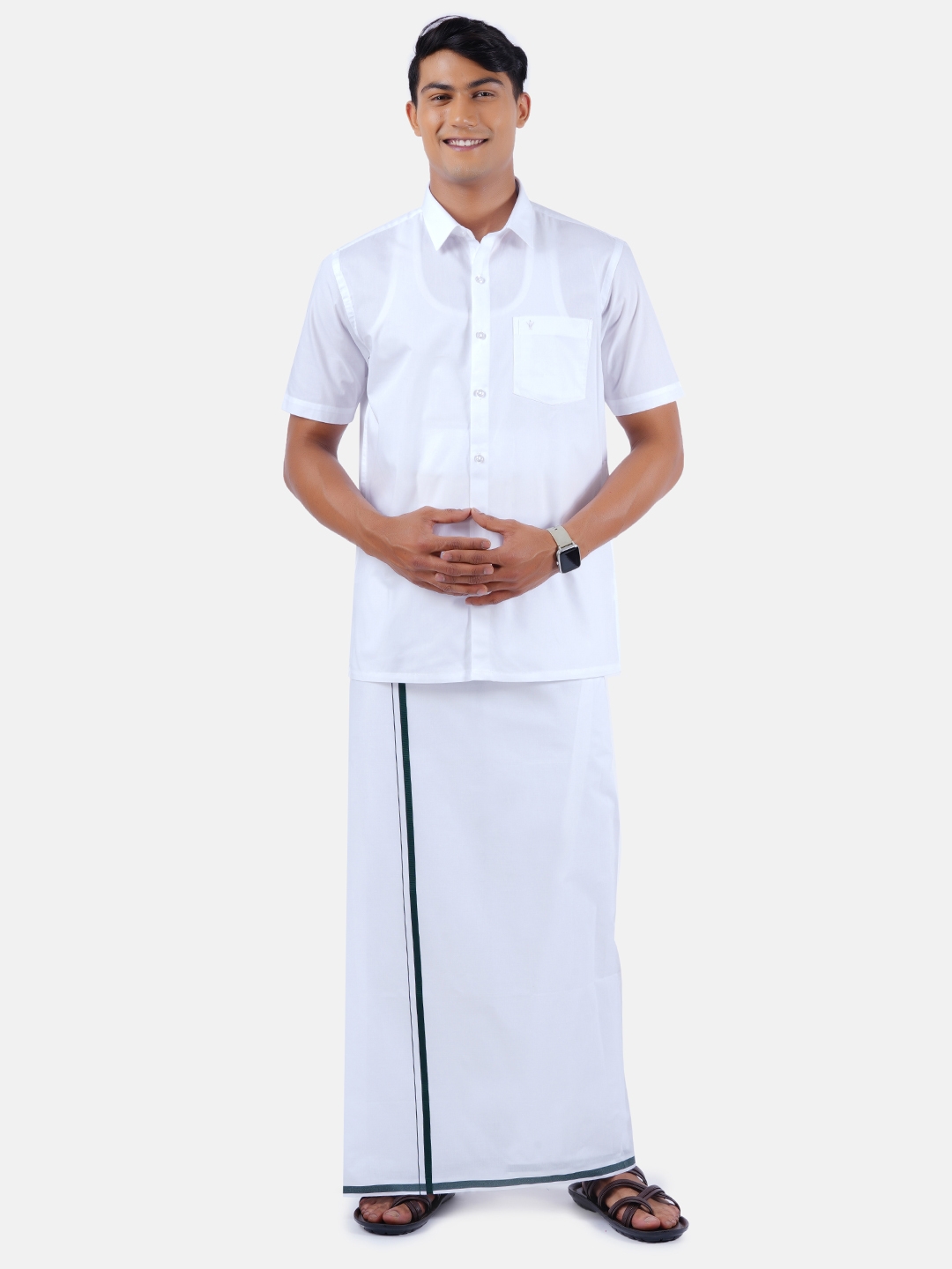 Ramraj Cotton Men Wewin New Half Sleeves Shirt With Big Border Dhoti Bramosh 