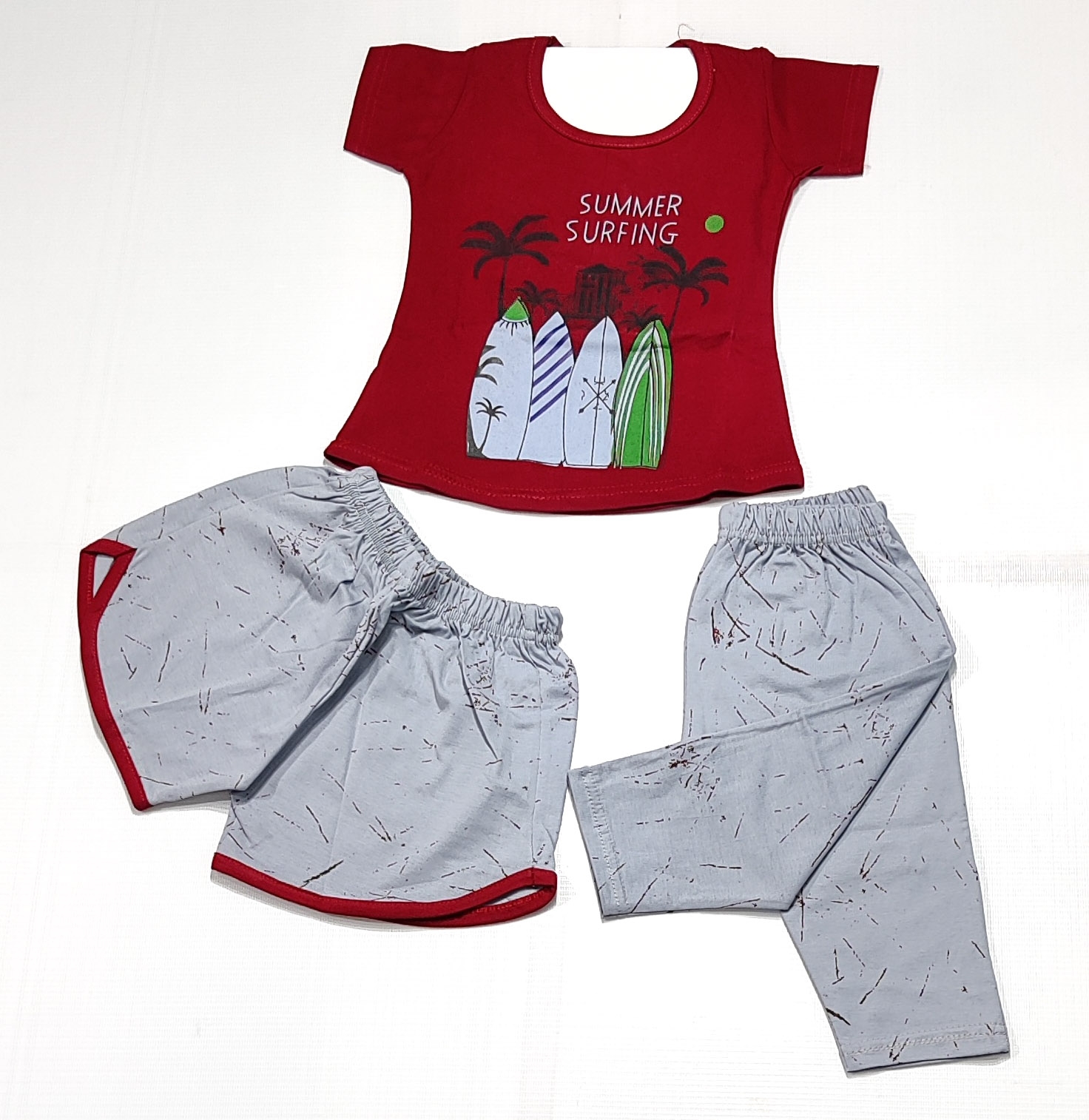 AAAKAR | Girl's Red Graphic Printed Top, Capri and Shorts Combo Pack