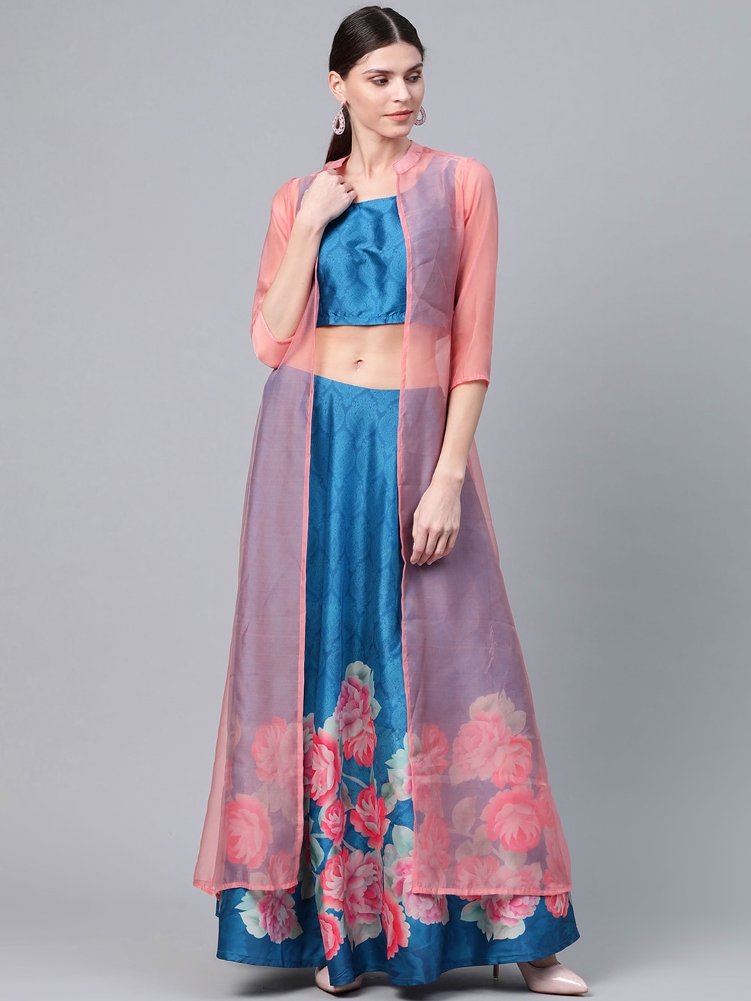 ANTARAN | Antaran Blue and Pink Printed Ready To Wear Cotton Lehenga Blouse With Dupatta
