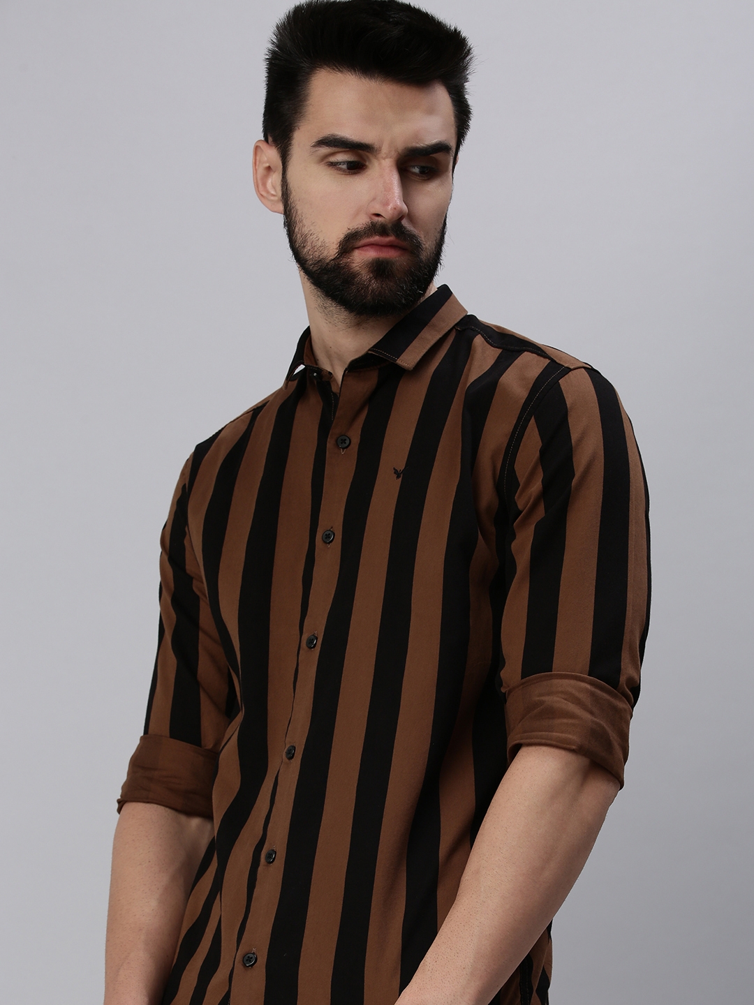 Showoff | SHOWOFF Men's Casual Slim Collar Brown Striped Shirt