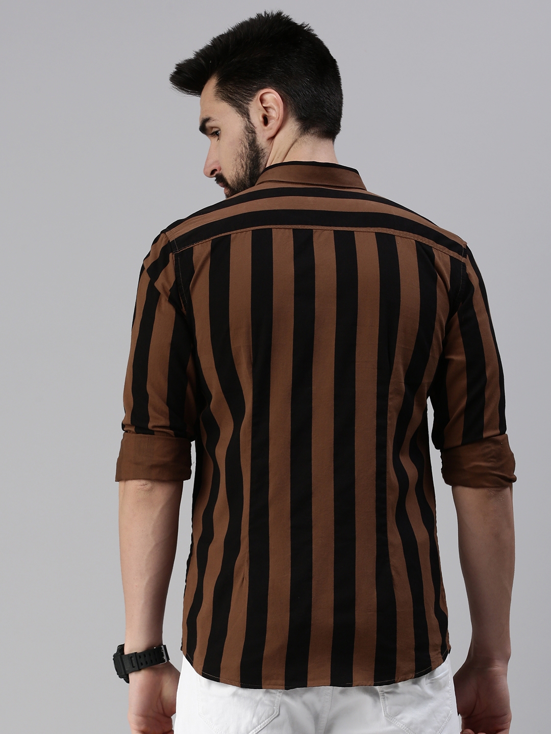 SHOWOFF Men's Casual Slim Collar Brown Striped Shirt